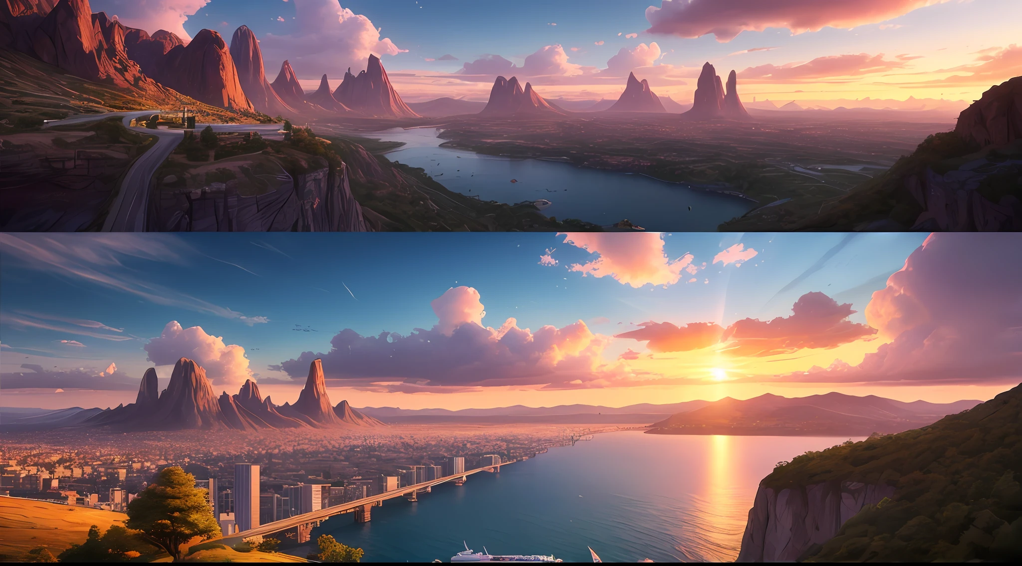 The world's most beautiful landscape, intricate ultra-detailed at sunset, landscape, water, birds flying, highway with vehicles, (extremely detailed CG unit 8k wallpaper), high detail, sharp focus, photorealistic, canon 35mm, photography realistic