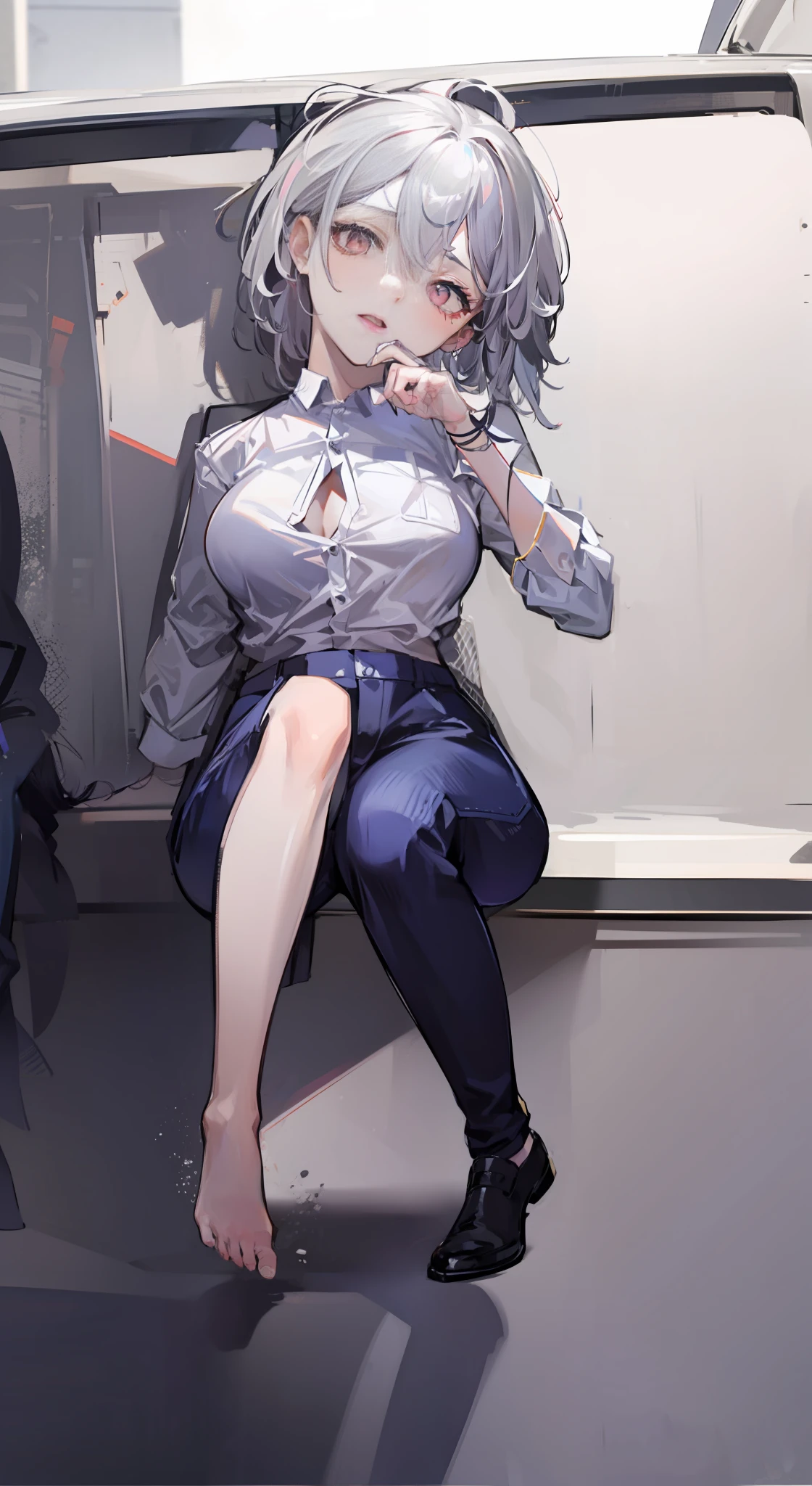silber hair,Silver eyes,The shirt,shorter pants,Adult daughter