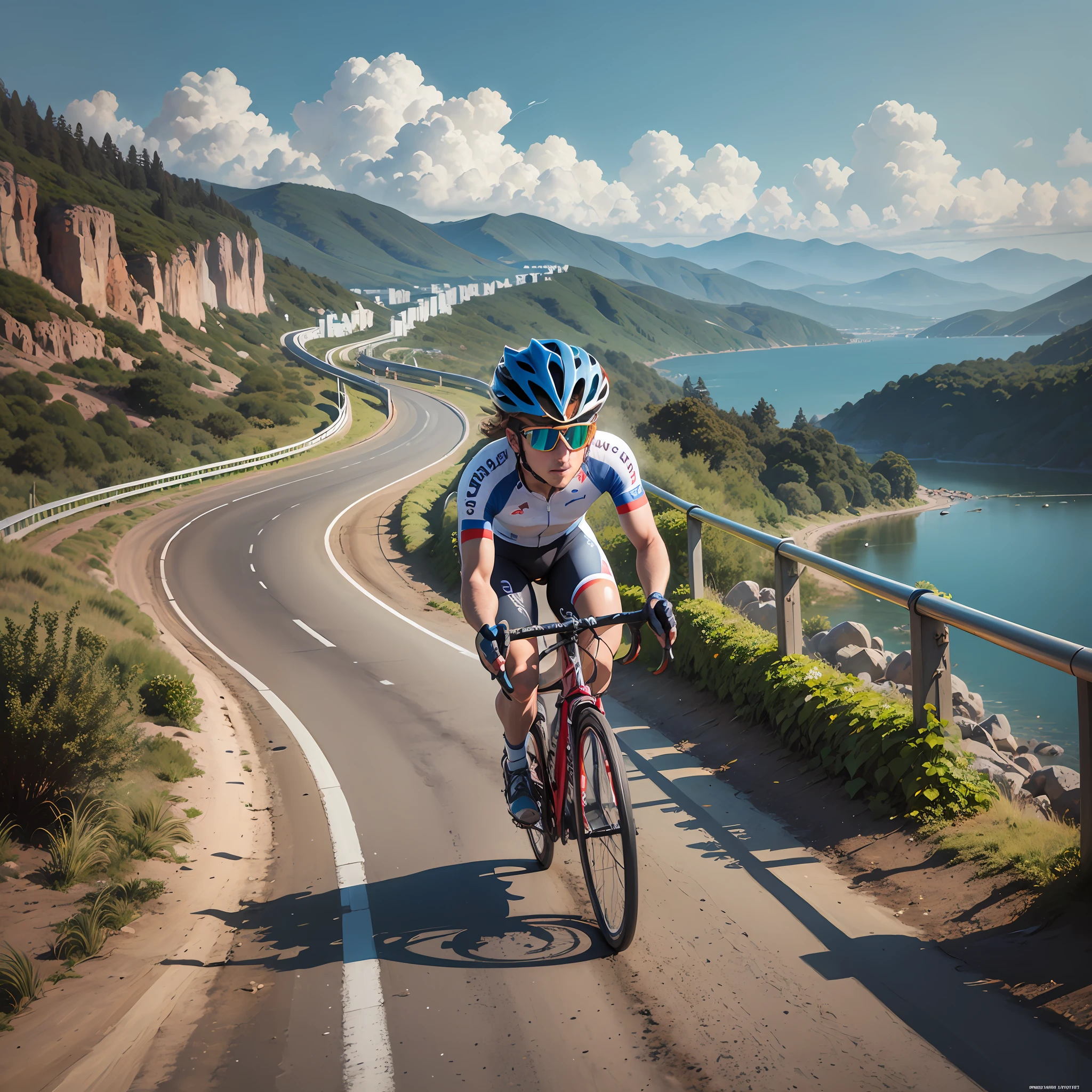 Uma obra-prima, da melhor qualidade, realista, realista, esta pintura retrata um um homem pedalando uma bicicleta no meio da estrada, Andar na estrada, Estrada para o Mar, em uma estrada, uma estrada que leva ao farol, vista para milhas, unobstructed road, estrada montanhosa, Estradas pavimentadas, From a distance, Karla Ortiz, Estradas largas, clear skies in the distance, touring, imagem profunda, Arremesso longo, ciclismo, turismo, 🚲, Toda a pintura usa um retrato bonito e realista (retrato realista kawaii estilizado), Toda a pintura mostra excelente realismo e detalhes, --auto --s2