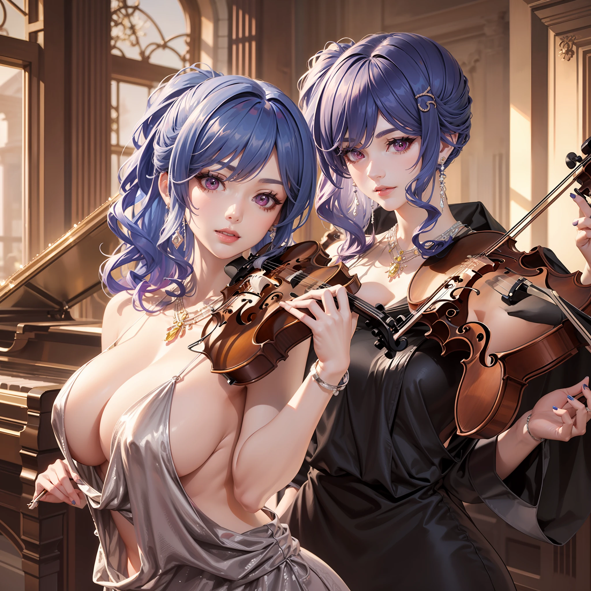 Two Arad women in dresses play violins in front of the window, (fantasy violin), fantasy violin, Anime girl cosplay, elegant glamourous cosplay, seductive anime girls, violin, in the style artgerm, glamourous cosplay, in the style of artgerm, cosplay, Anime cosplay, beautiful and seductive anime woman, Style Artgerm, Ayaka cosplay ，huge tit，Realistic1.0，Piano Concert Hall，