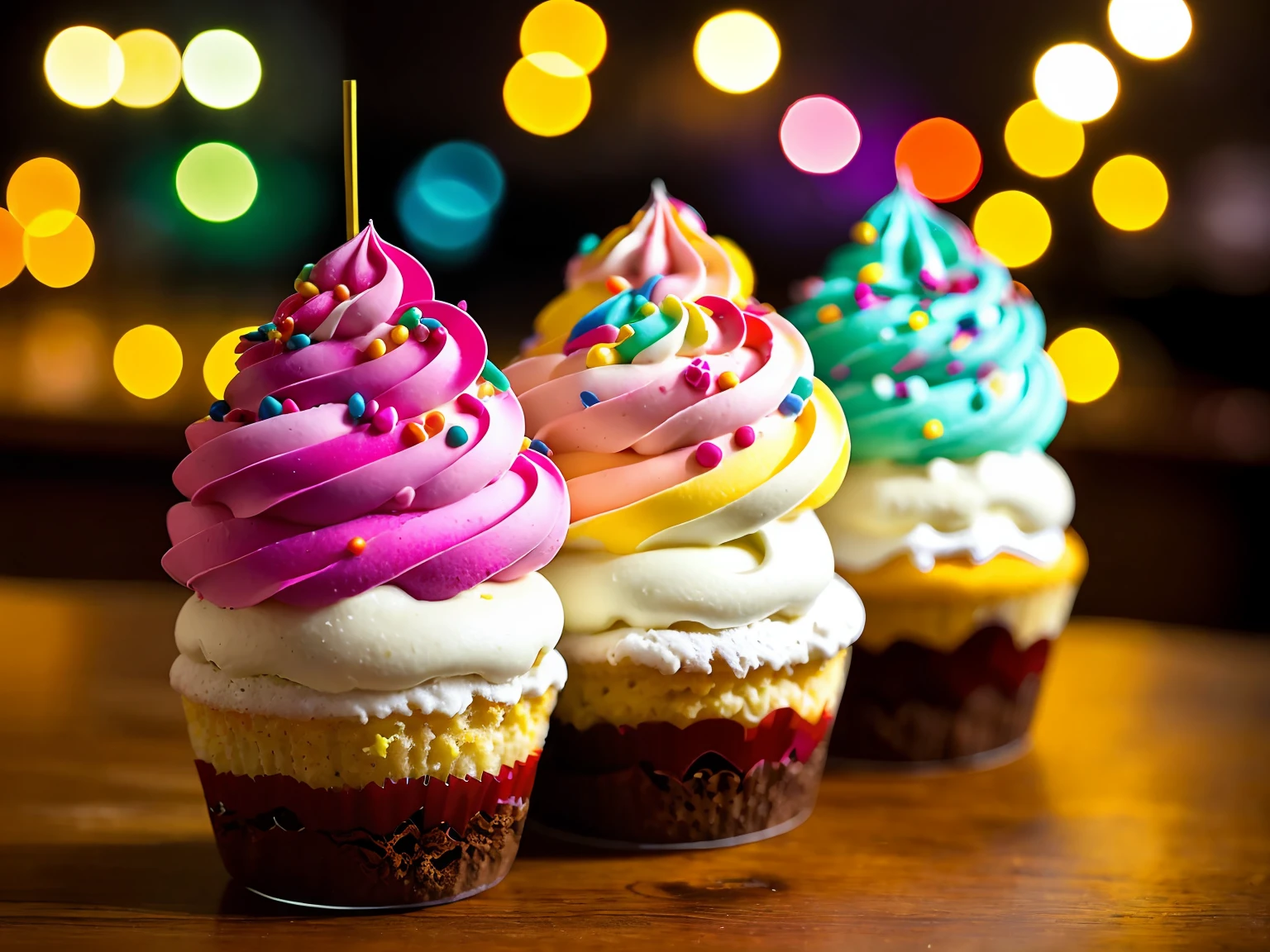 estilo, fotorrealista, o mais delicioso cupcake com confeitos coloridos, at a table in a café, mal iluminado, light particules, neblina, halation, bloom, atmosfera em tom claro, centrado, thirds rule, 200mm 1.4f macro,