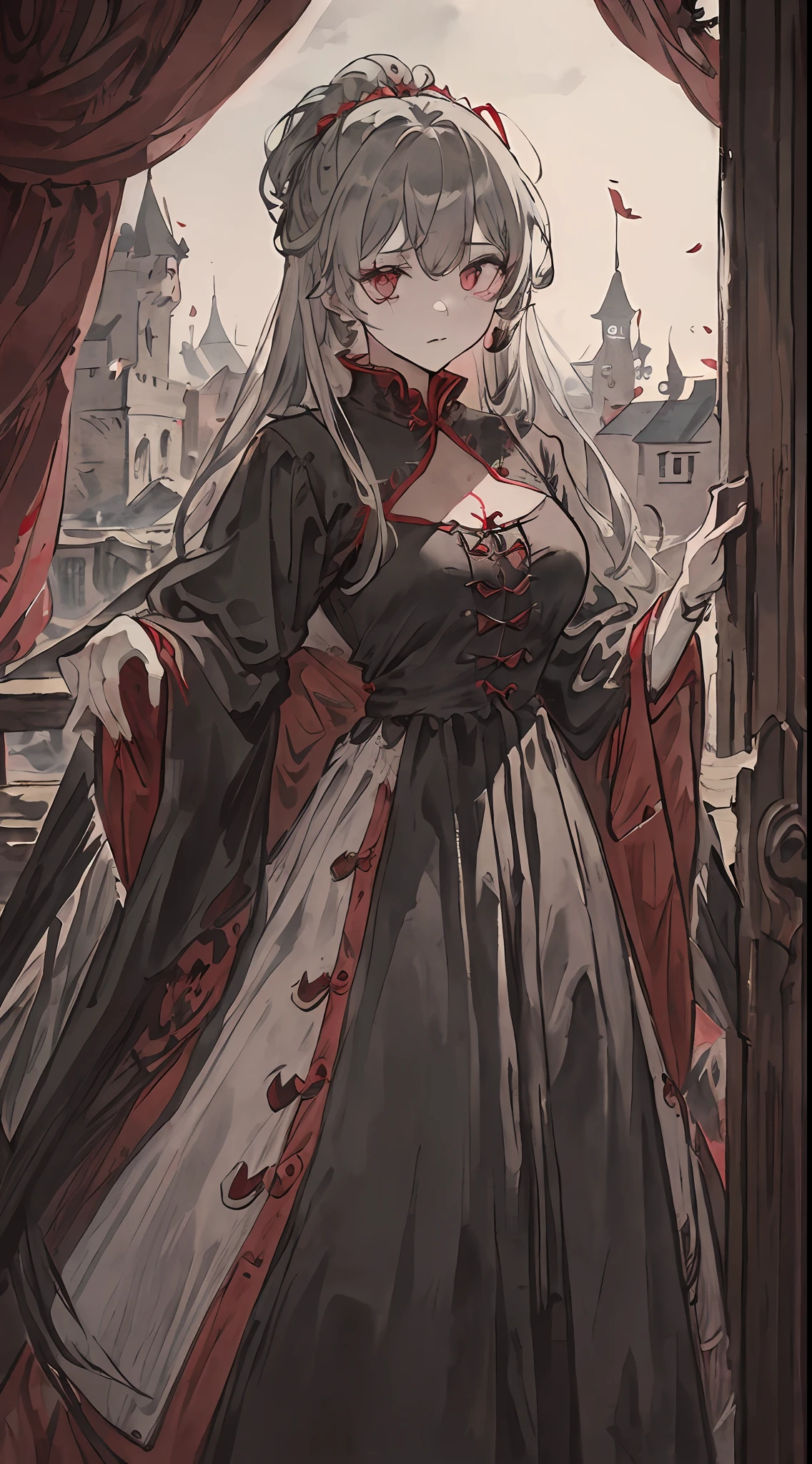 ((masterpiece))、((top-quality))、((Official art))、8K、very detailed illustration、One girl、((Gray hair))、Long straight hair、Detailed eye、Sharp eyes、(Interior of the old castle 1.2)、The dim、(Gorgeous red and black gothic dress 1.2)、((Dracula's daughter))、((deadpan))、Fair skin、Suspiciousness、Pose like a model、white glove