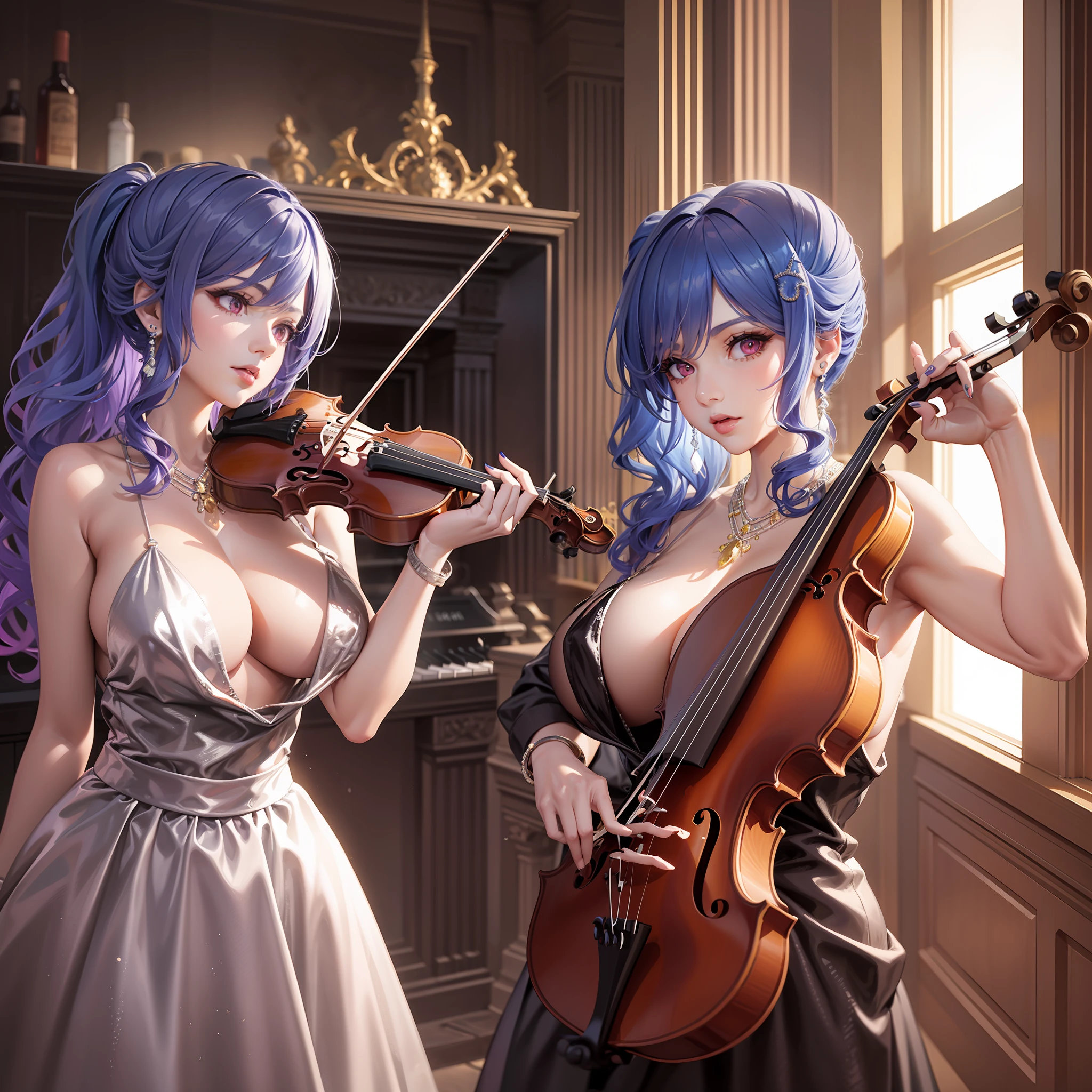Two Arad women in dresses play violins in front of the window, (fantasy violin), fantasy violin, Anime girl cosplay, elegant glamourous cosplay, seductive anime girls, violin, in the style artgerm, glamourous cosplay, in the style of artgerm, cosplay, Anime cosplay, beautiful and seductive anime woman, Style Artgerm, Ayaka cosplay ，huge tit，Realistic1.0，Piano Concert Hall，