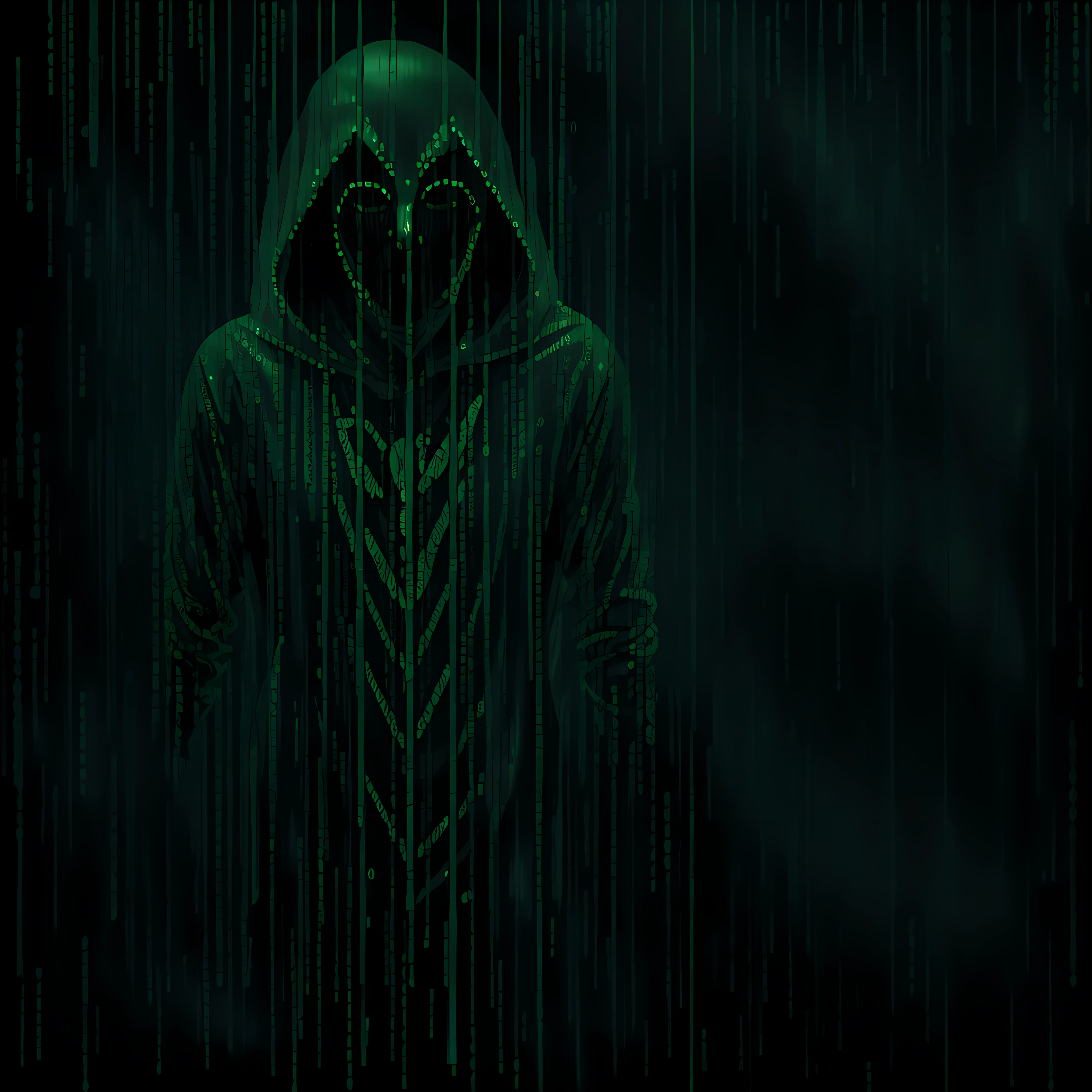 (hacker),(cyber matrix),(black hoodie),(ominous),(dark),(studio ghibli style),(close-up),(portrait),(behind laptop),(dark enigmatic expression),(matrix digits:1.2),(falling),(frontal lighting),(dramatic shadows),(best quality) --auto