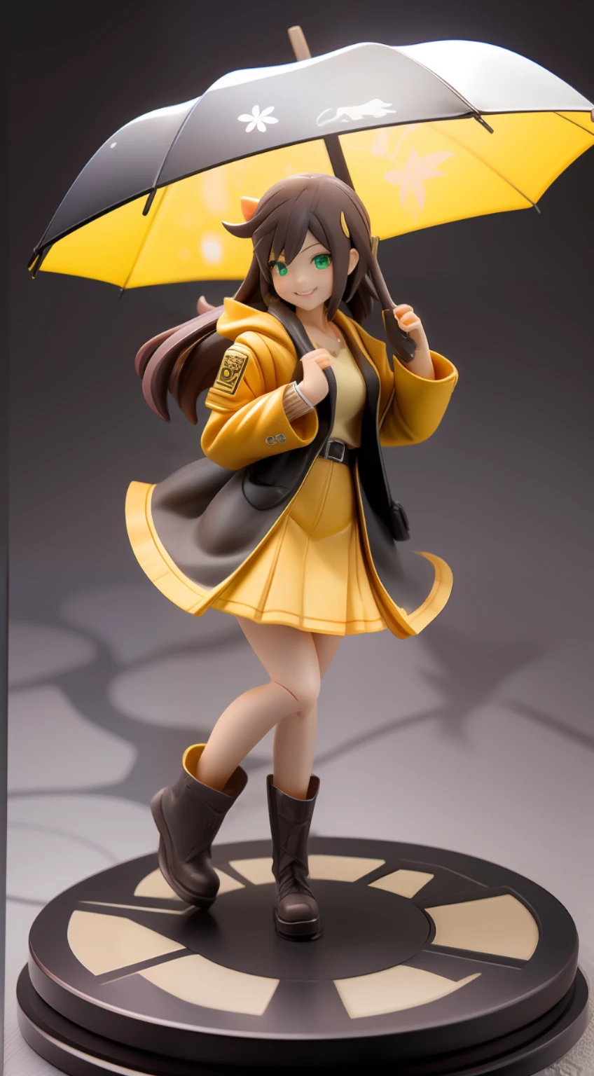 (delicate, soft, pastel) 3D anime figurine of a (cute girl), with (green eyes) and a (happy smile).