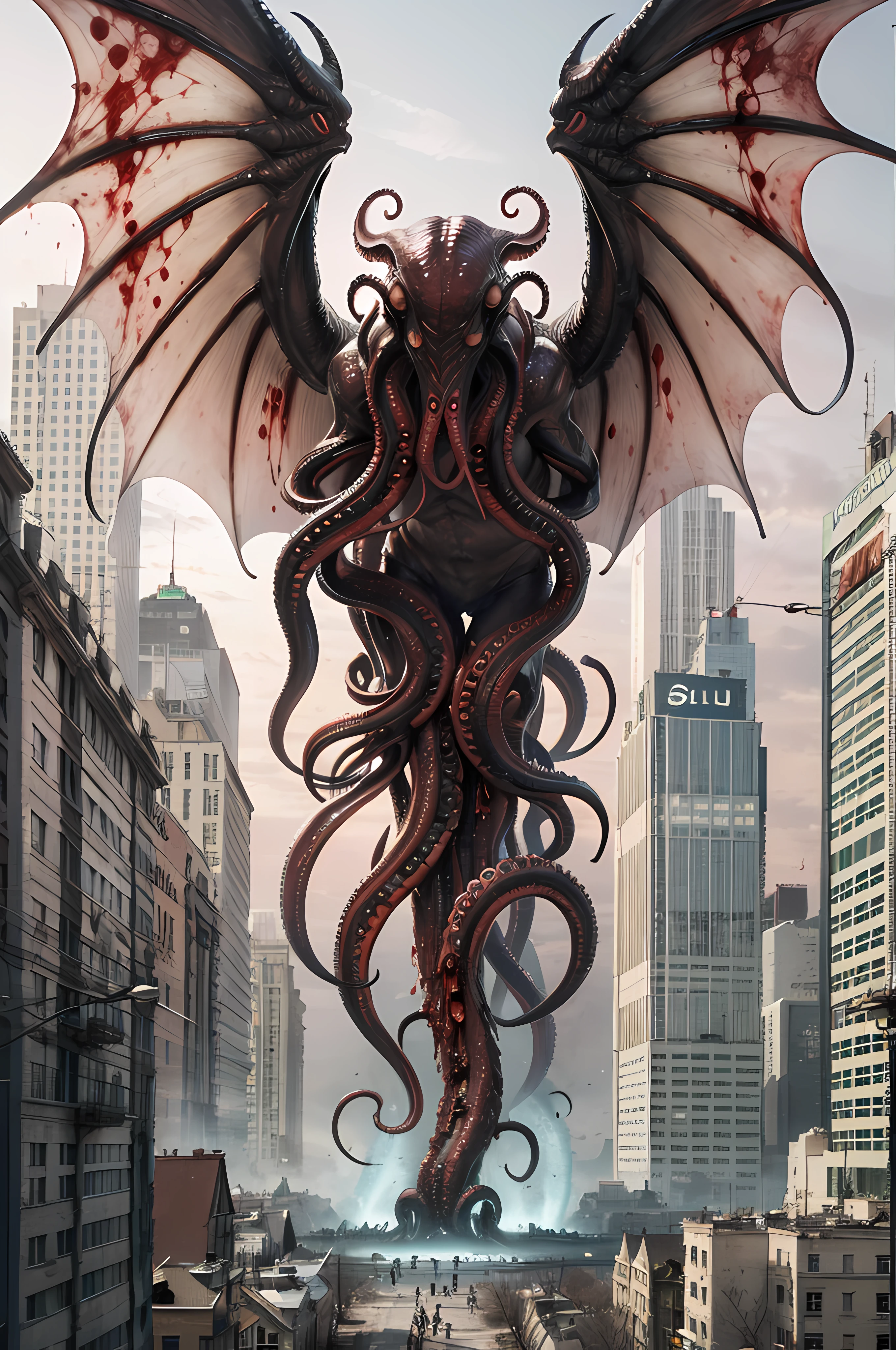 (((Cthulhu Mythos))),((Blood,Bloody)),Best quality, Masterpiece, A high resolution,extremely detailed CG wallpaper,Modern City,More details,(Stand on a tall building),(Black tentacles),(blood vess),kesulu
