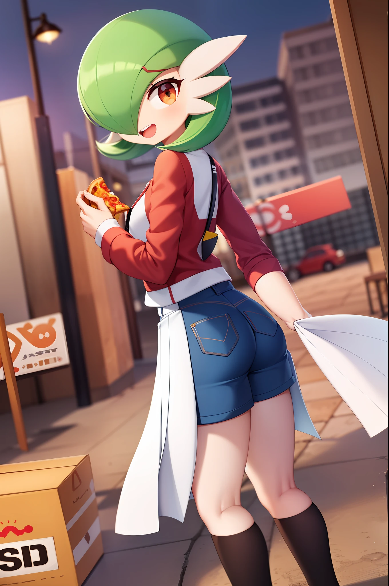 obra maestra, best_quality, 1girl, solo, gardevoir, pokemon \(criatura\), cabello verde, ojos rojos, en una ciudad, de noche, sonrisa, usando shorts, camisa roja, uniforme de pizzeria, lleva una caja de pizza en la mano, caja para pizzas, uniforme ajustado, senos femeninos, senos medianos, detras de ella hay una moto, moto vezzpa.