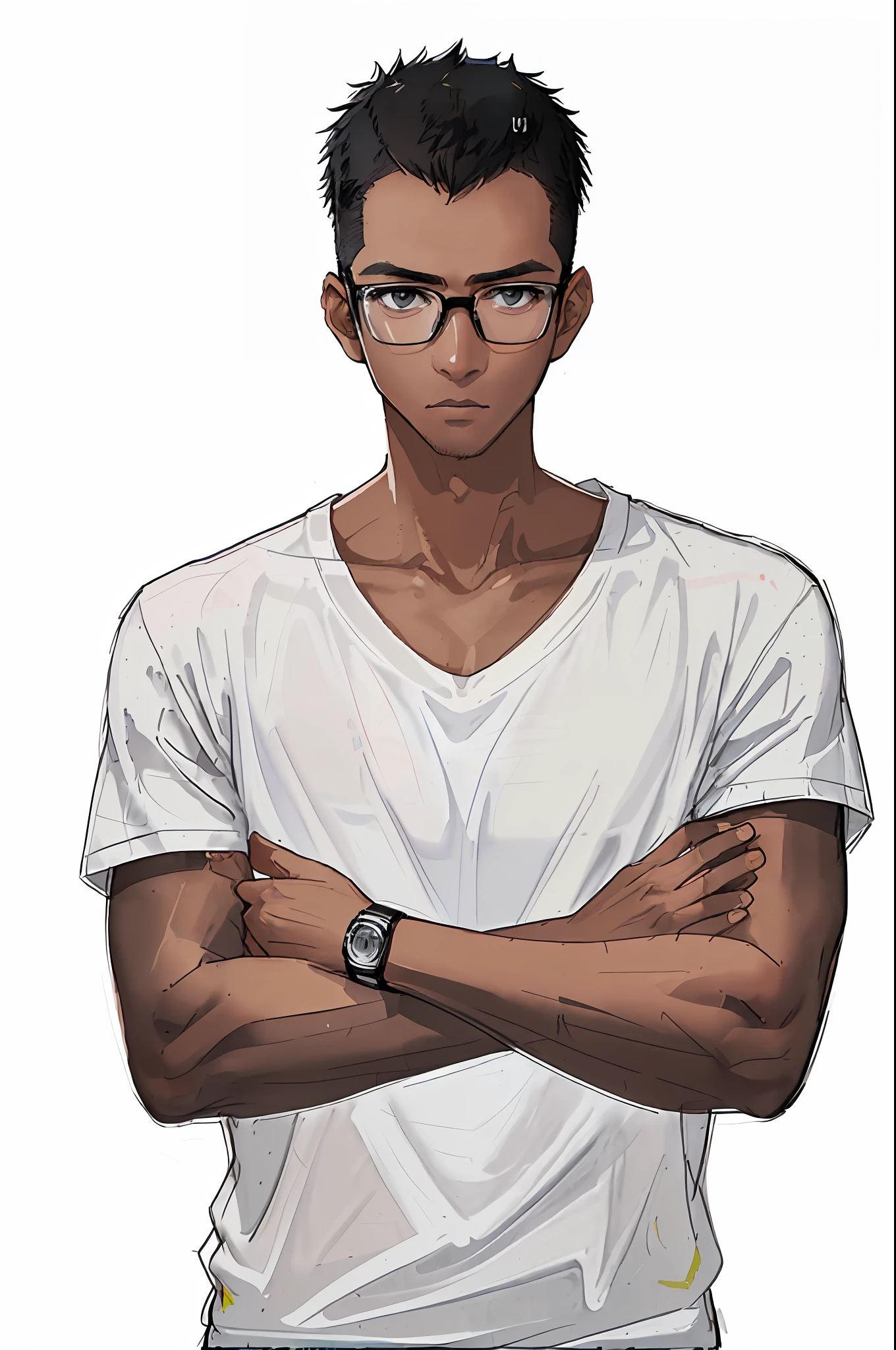 ((Nerdy black guy), (glasses, smart looking, tech-savvy, technology enthusiast, cool nerd), dark background, computer or tech gadgets in background, keyboard or coding, (serious expression, confident look, professional pose), light from computer screen or tech gadget, (gray shirt:1.5+white T-shirt), (black hair:1.2+bald head:1.3))