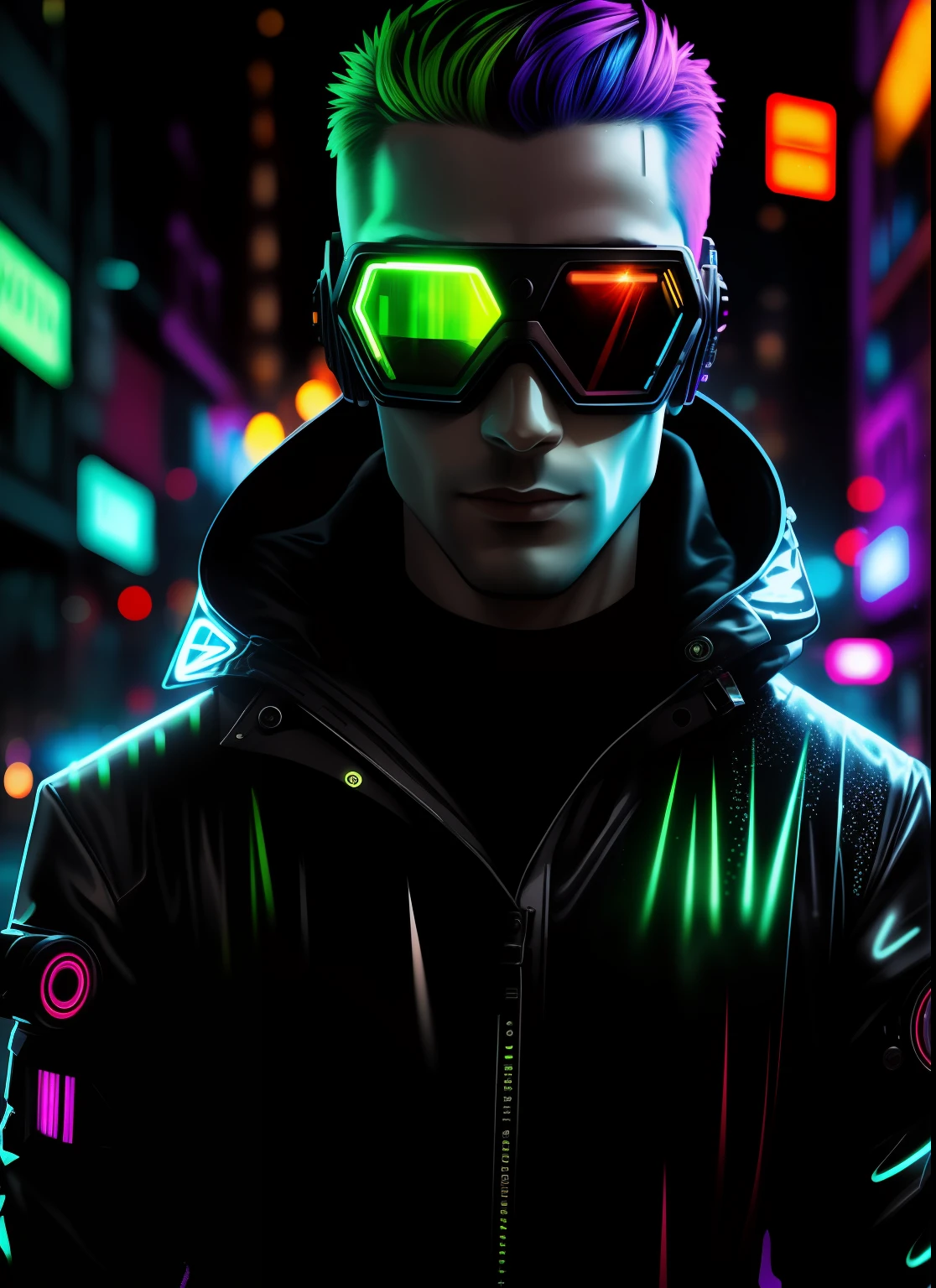 An award winning master piece photo of a cyborg man with psychedelic colors standing in a city street at night in the rain, wearing neon-colored glowing goggles, 8k, (high quality:1.1), (cinematic feeling:1.1), dark deep shadows, incredibly intricate detailing, art , (up close:1.1), from above, looking at viewer, (light sparkles:1.1), (chromatic aberration,:1.2) background with floating light artifacts