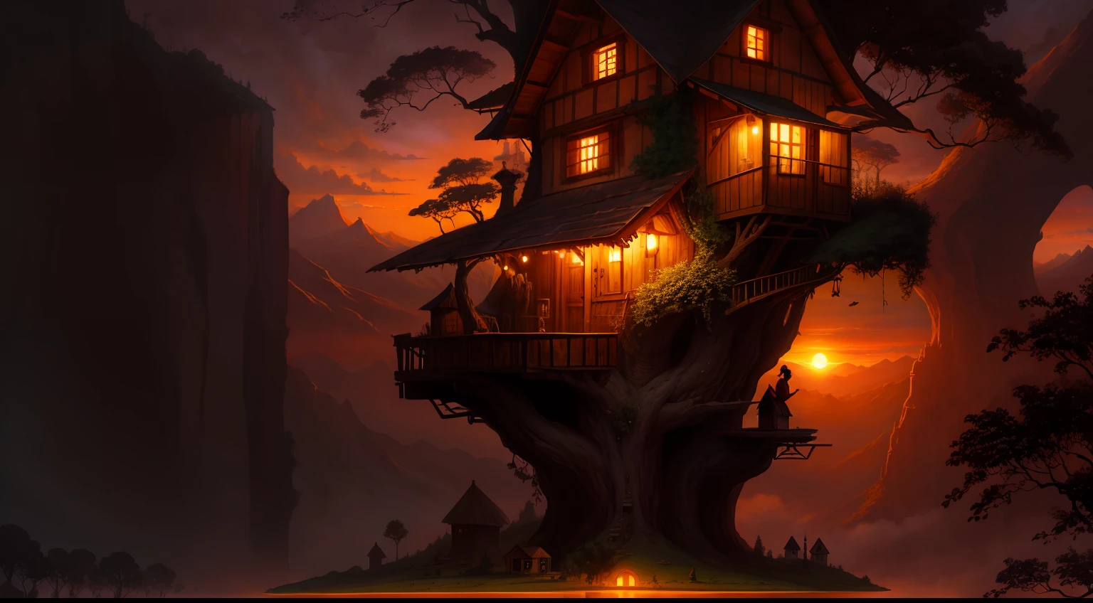 valley, fairytale treehouse village covered, , matte painting, highly detailed, dynamic lighting, cinematic, realism, realistic, photo real, sunset, detailed, high contrast, denoised, centered, michael whelan