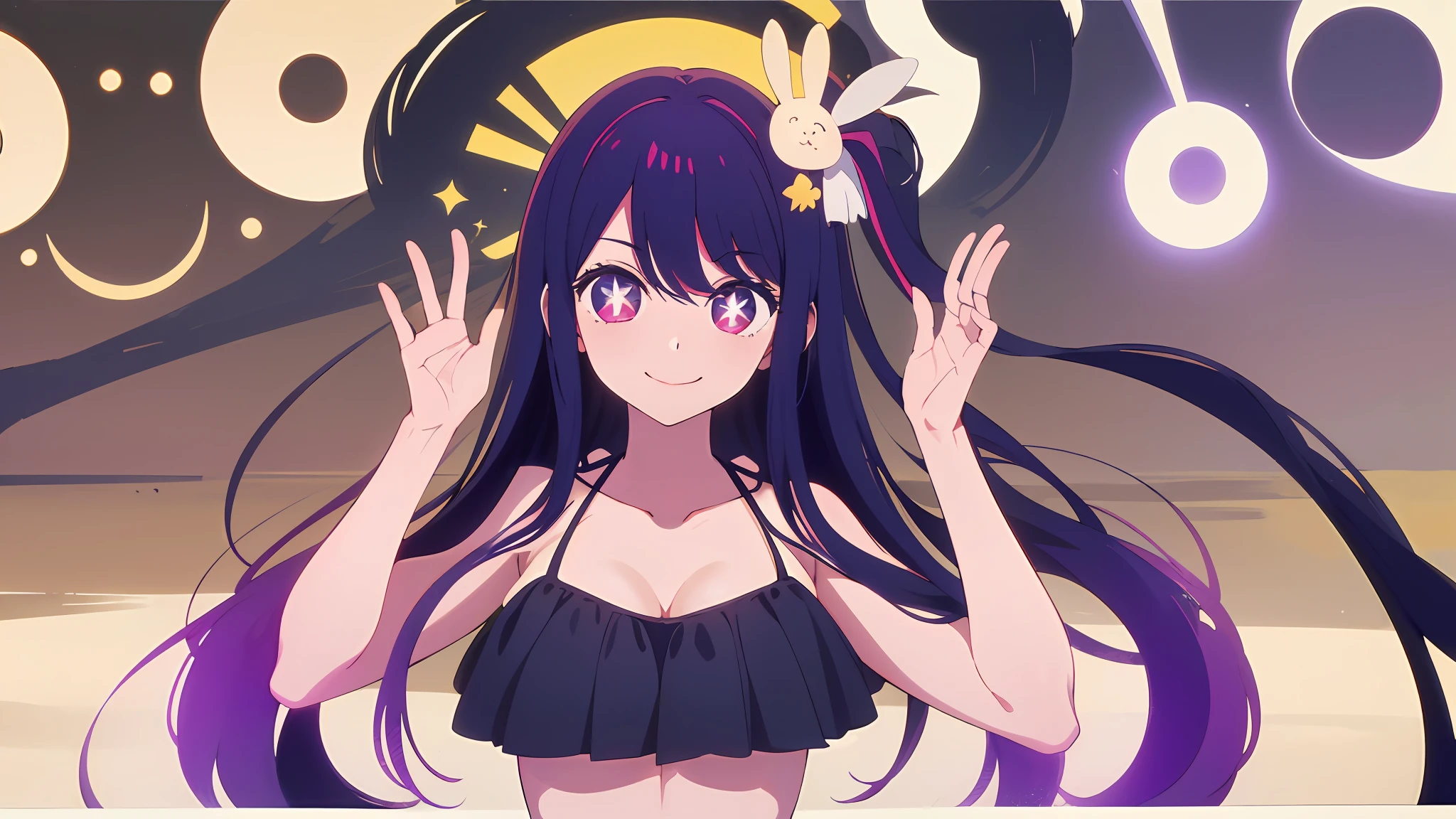 (masutepiece, Best Quality), ((1girl in, (Mature), Hoshino Ai, ), (Dark purple hair, Long hair, striated hair, Beautiful hair, Hair Ornament), (Purple eyes, star-shaped pupils, +_+, Symbol-shaped_Pupils, glinting_Eyes, Beautiful eyes, Eye Highlights, Sharp eyes), (Looking at the viewer, Smile, Black Bikini、huge-breasted)), (simplier background, Light color background, the beach), (Abstract Art, hight resolution, chromatic abberation), (),