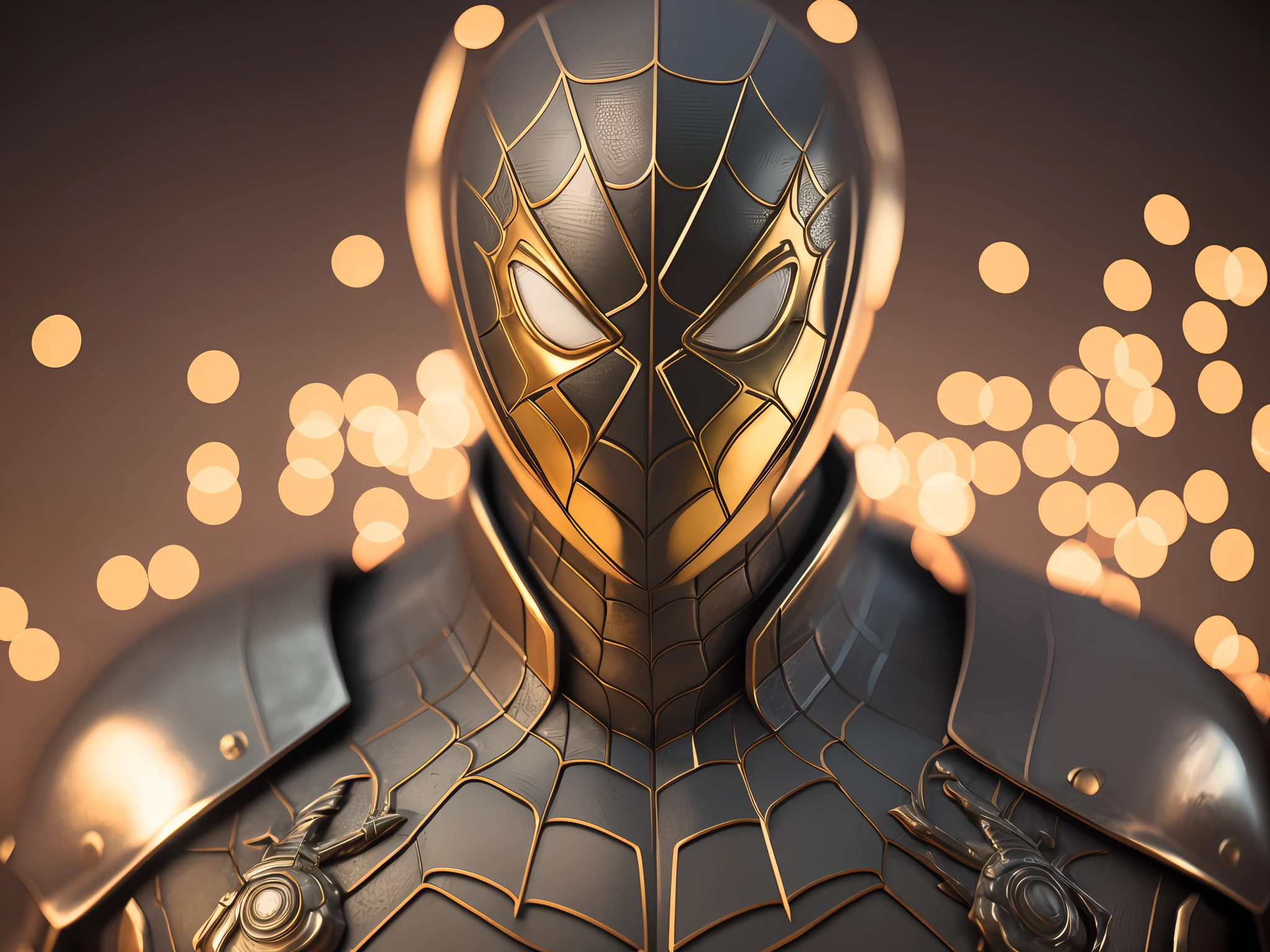 The upper body is dressed in gold and black,Close-up of a statue of a man,There are gold and black colors on the face,Super detailed rendering,3 D rendering character art 8 K,Intricate black and gold armor,Complete samurai armor Spider-Man,high detail iconic character,8K rendering",octane render”,Octane rendering",Super detail octane rendering",Super detailed octane rendering,Ultra-detailed 3D rendering, futuristic style spiderman --auto