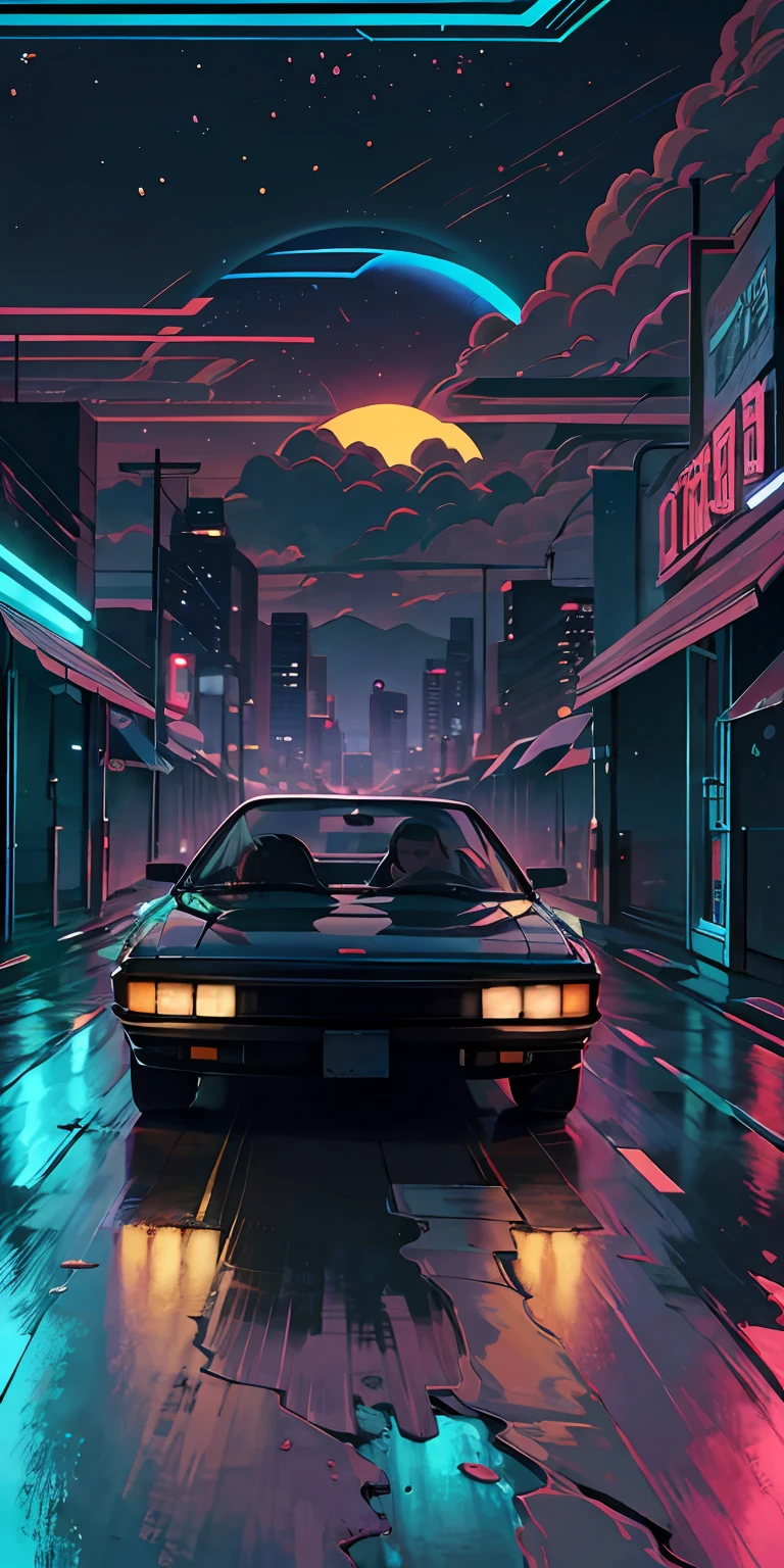 retroonda. cidade, 1985 Nissan S30, kit de corpo largo, estrada, purple neon lights, sol, montanha, 
(obra-prima, detalhada, highres),