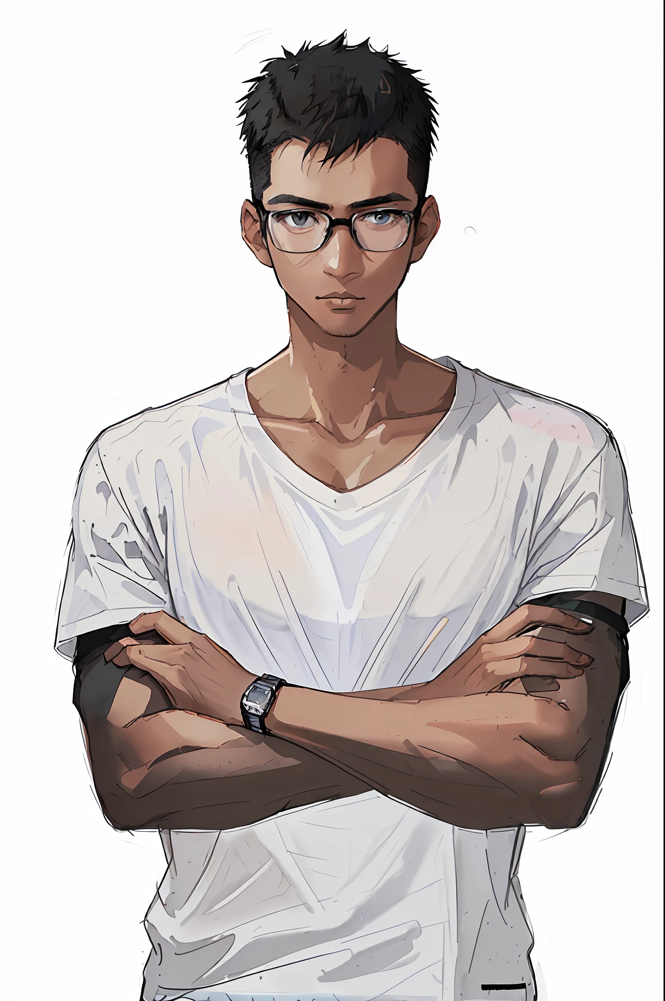 ((Nerdy black guy), (glasses, smart looking, tech-savvy, technology enthusiast, cool nerd), dark background, computer or tech gadgets in background, keyboard or coding, (serious expression, confident look, professional pose), light from computer screen or tech gadget, (gray shirt:1.5+white T-shirt), (black hair:1.2+bald head:1.3))
