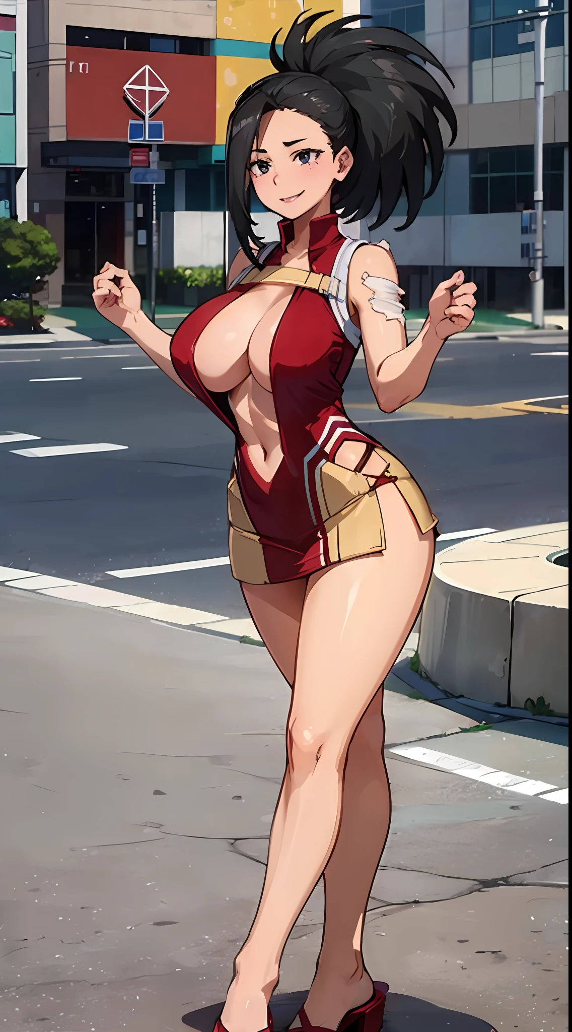 (top-quality、8K、32K、1girl in、Big breasts、perfect bodies、hyperdetailed face、Detailed lips、Thin Eyes、Torn dress、is standing、a smile、excited、The areol、in heat、sixteen years old、erectile nipple、look from down、Ultra Miniskirt、Torn costume、all-fours、Spread your legs、Show off panties、dynamicposes