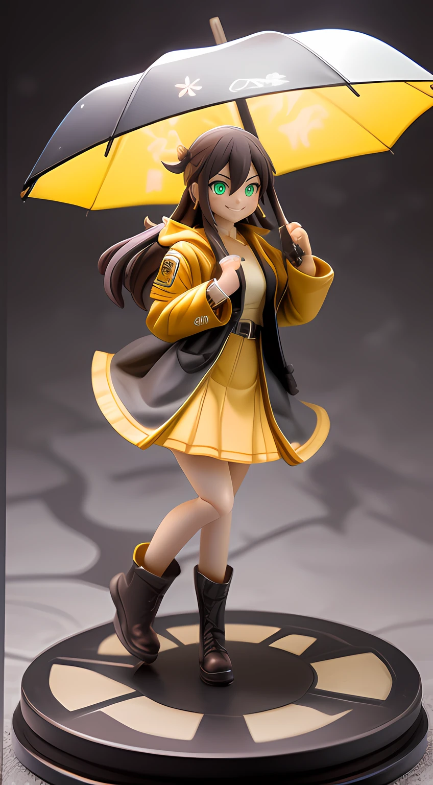 (delicate, soft, pastel) 3D anime figurine of a (cute girl), with (green eyes) and a (happy smile).