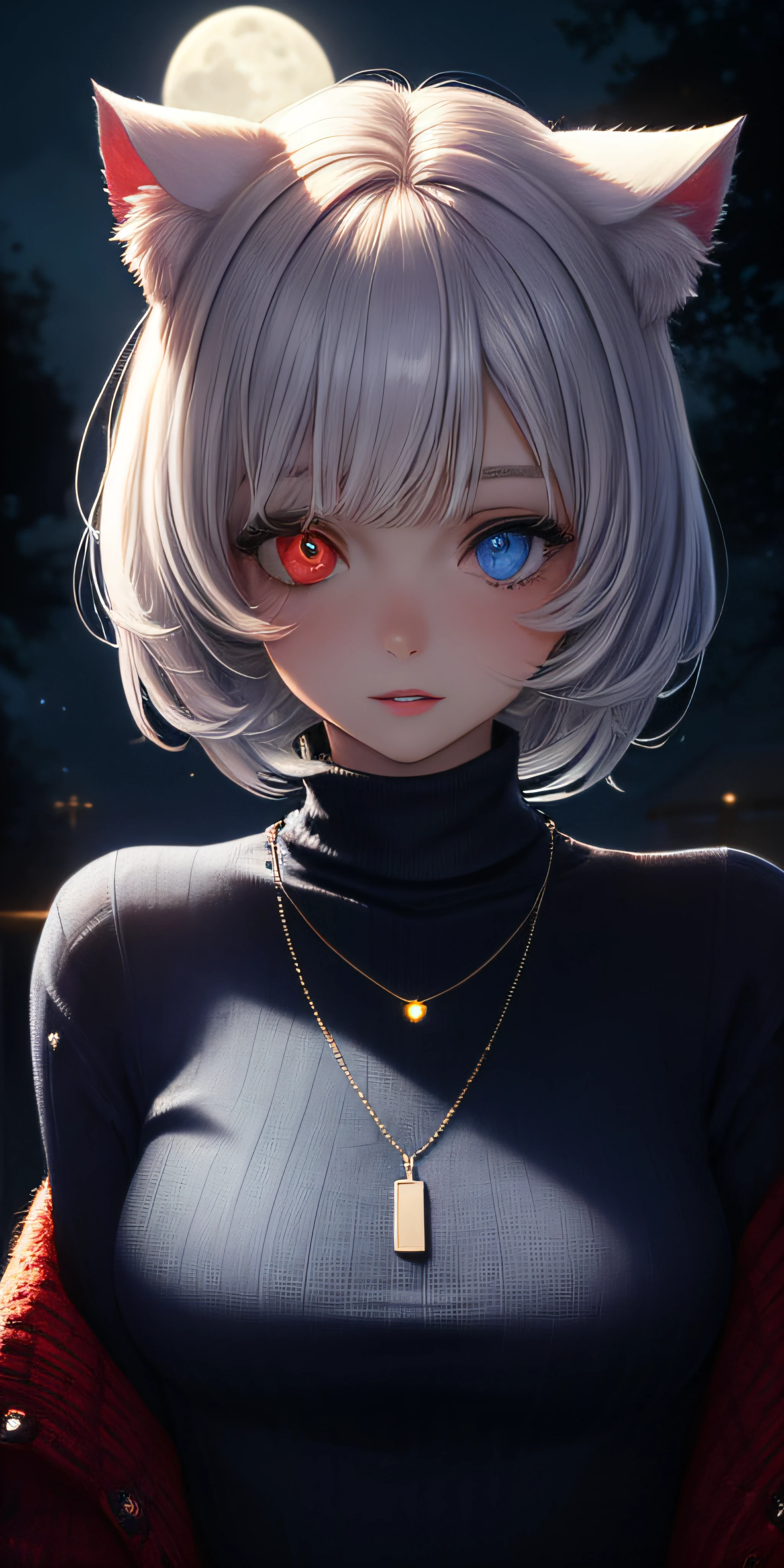 masterpiece, best quality, ultra-detailed, illustration,(1girl),beautiful detailed eyes, looking at viewer, close up, (breast focus), white short hair, shy, cat ears, ((glowing blue necklace)), moon in background, (blue and red eyes), thick lips, ((heterochromia)), small breasts, (turtleneck sweater)