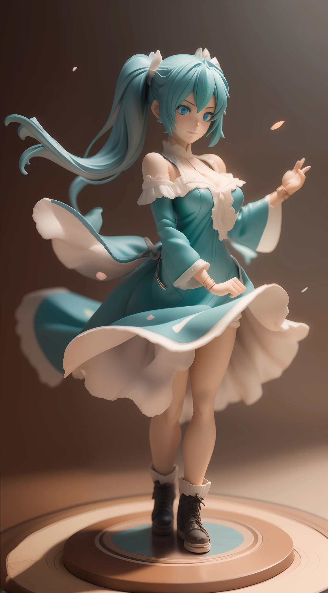 (extremely detailed 3D anime figurine, best quality, masterfully crafted), dynamic pose, carefully sculpted, vibrant colors, perfect lighting, glossy surface, high-resolution render, blue anime eyes, soft light pink lips, soft smile