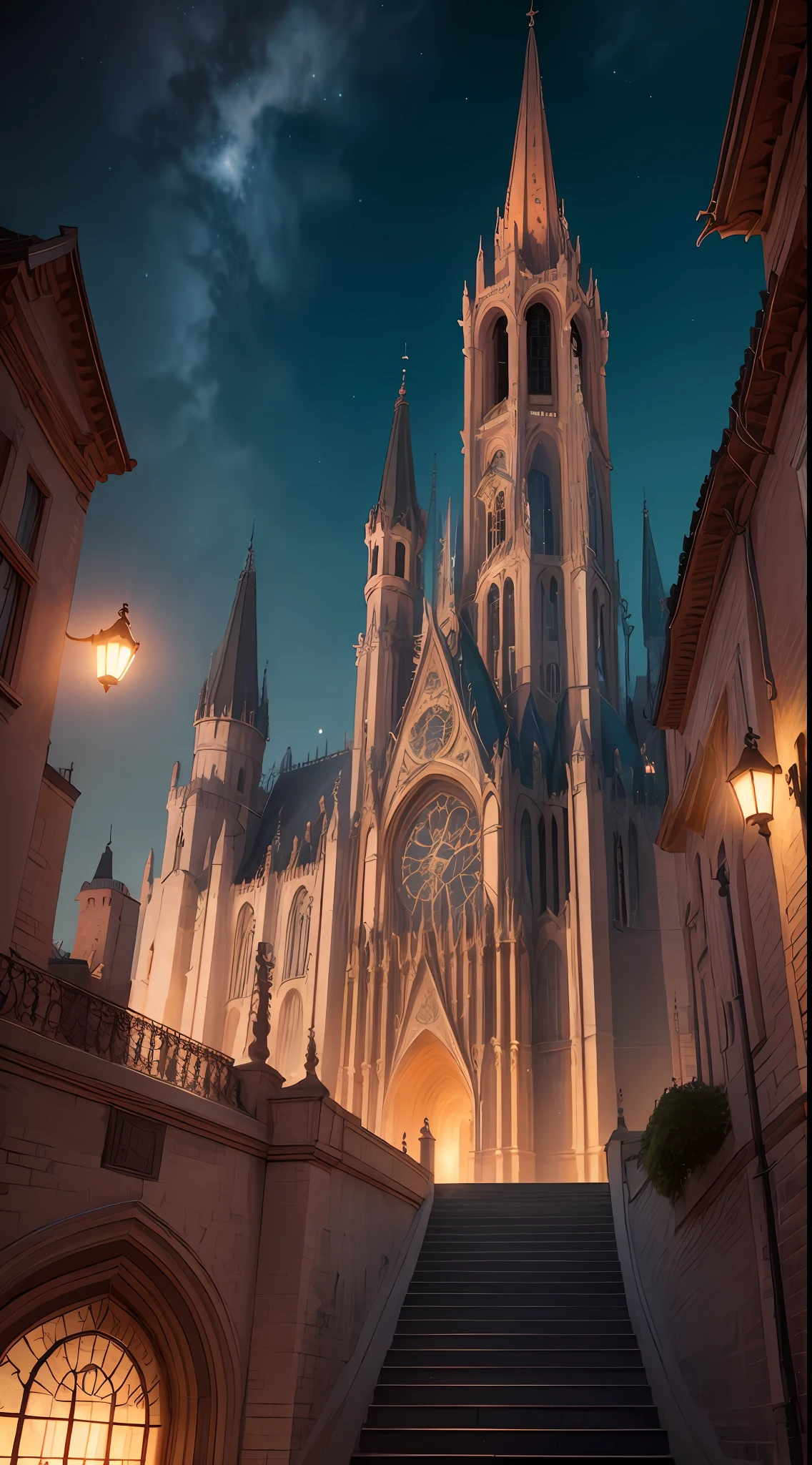 A paisagem destaca a deslumbrante escola de magia de Beauxbaton, full of great buildings and towers that show their beauty and glory. (best illustration, CG ultra-detalhado, high resolution, Dynamic angle, tiro largo, cores vibrantes, serene night atmosphere with warm lighting, volumetric light)