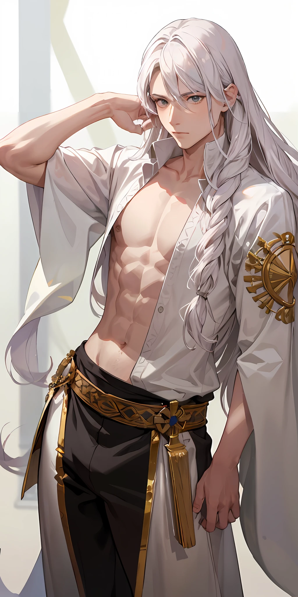 One guy,Junior Warrior,brunette color hair,long whitr hair,Manteau blanc,Sword dance,