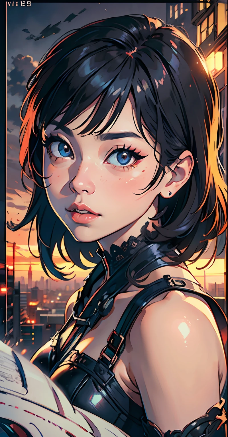 Korean woman, hyper-detailing, warm tones, intricate details, volumetric, art by Iliya Kuvshinov, a glaring eyes, dvArchModern, 85 mm, f1.8, portraite of a, photo-realistic, A hyper-realistic, orange, Ultra-detailed, intricate, dramatic, Sunset lighting, eye shadow, wide dynamic range, epic view