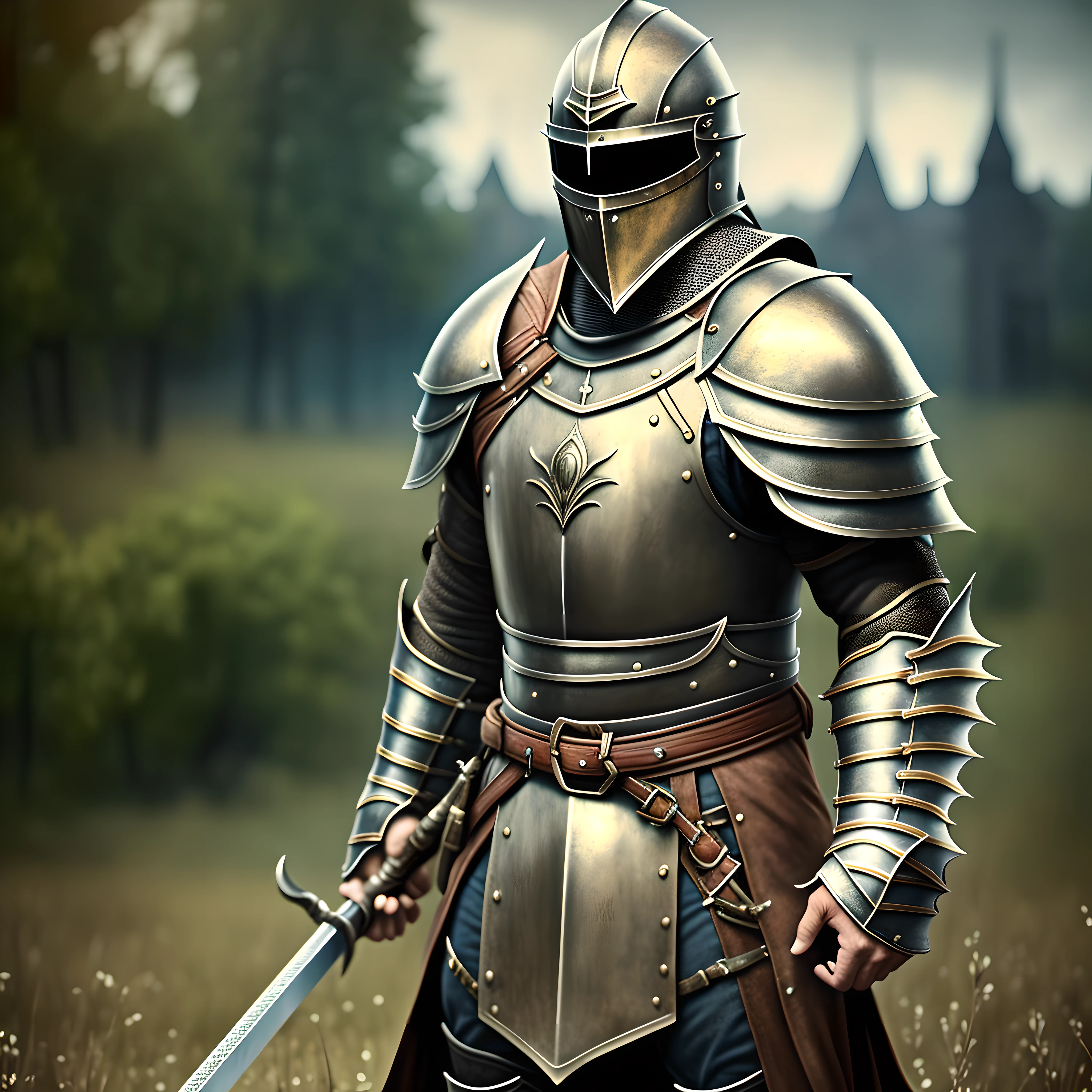 Male knight, solo, standing with a greatsword in the field, big greatsword, single, closed helmet, dark armor made from black metal, no patterns, no armor patterns, no cape, gothic armor, gothic style armor, ultra high resolution, realistic, realism, photo, old photo style, sepia philter, hyper-detailed, raw photo, best quality, ultra high res, photo realistic, photo realism, 8k HD, detailed, 19 century photo style
