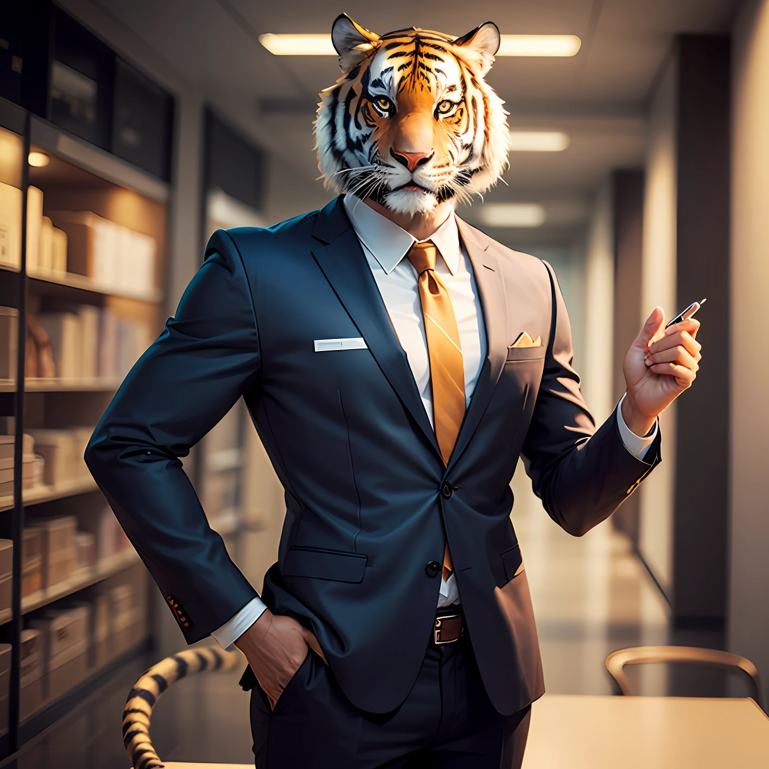 Imagine a realistic tiger in a human body in a suit that represents success and leadership in your business – what it would look like? --auto