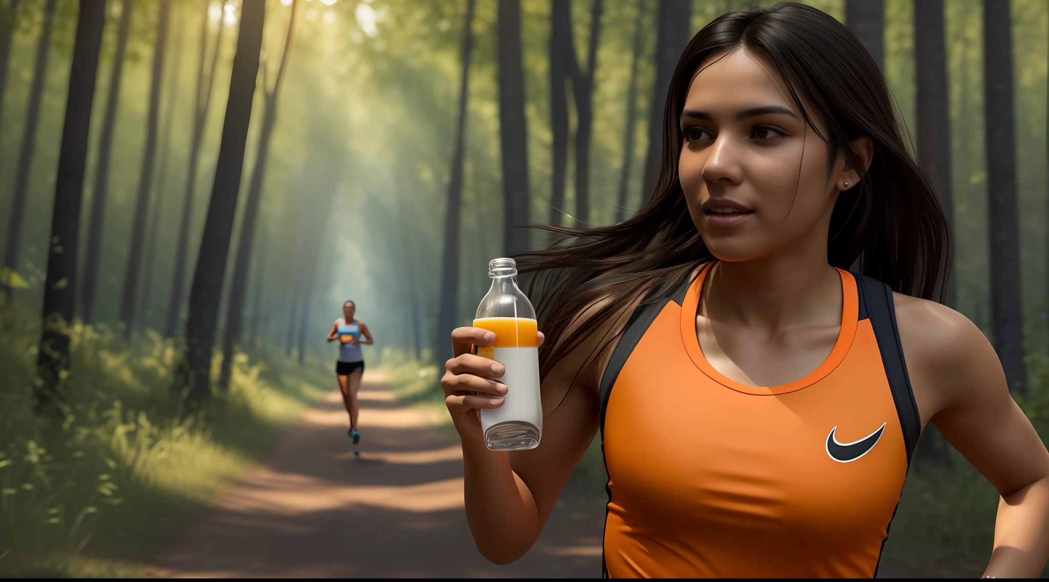 Mexican woman, young woman, sportswear, bottle with orange juice in hand, running running through the forest, cute face, soft facial features, light skin, black hair, long hair, straight hair, flat body, Realism, hyperrealism, ray tracing, high details, super detail, UHD, 8k