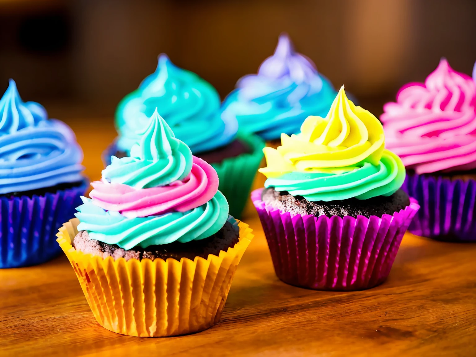 estilo, fotorrealista, o mais delicioso cupcake com confeitos coloridos, at a table in a café, mal iluminado, light particules, neblina, halation, bloom, atmosfera em tom claro, centrado, thirds rule, 200mm 1.4f macro,