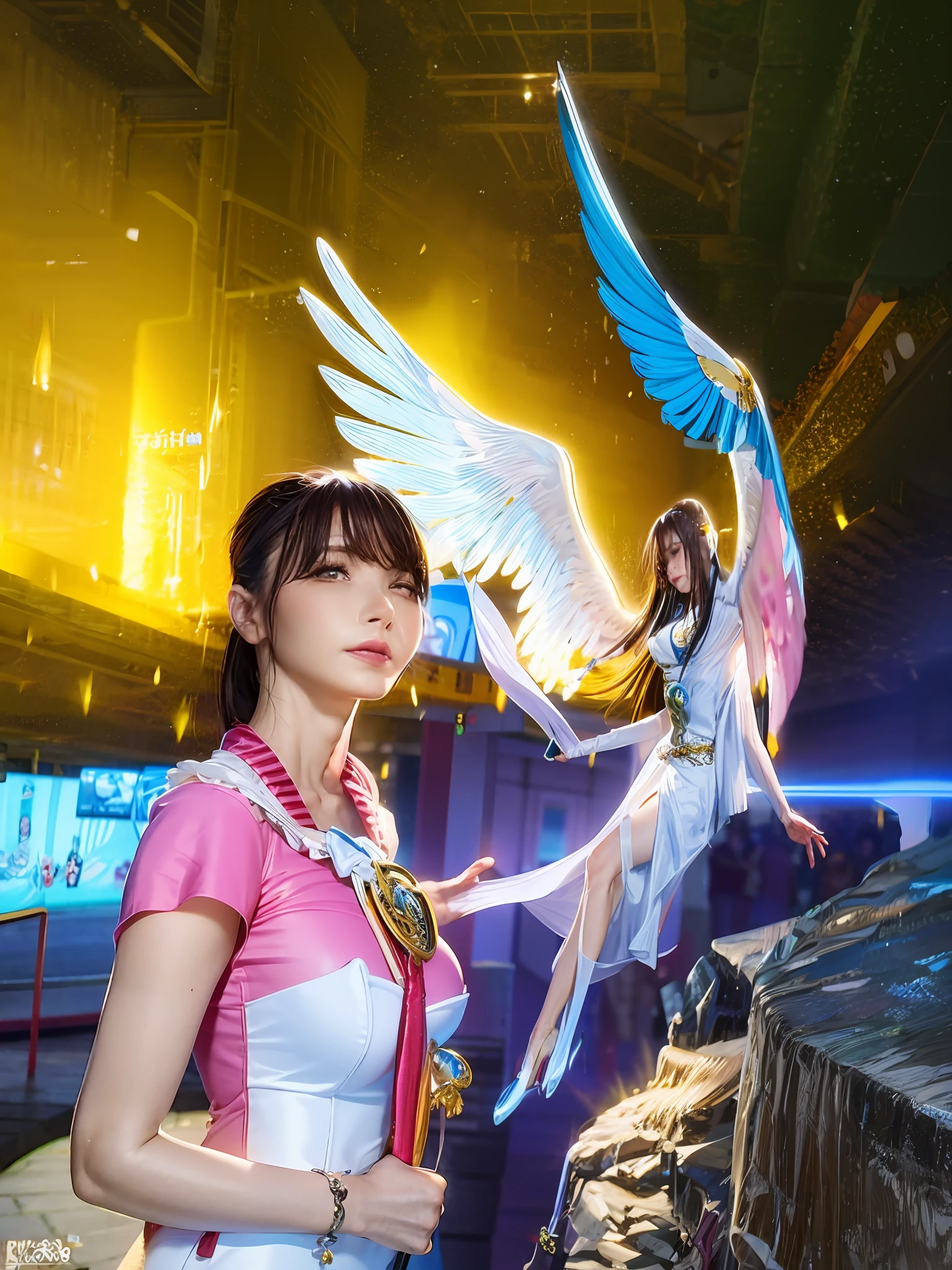 Image of Alafard of a woman in a pink shirt and blue angel, of an beautiful angel girl, Girl with angel wings, beautiful angel, beautiful angel, angel girl, young wan angel, angelic photograph, author:Julian, Angelic, she is arriving heaven, xianxia fantasy, profile picture 1024px, angelicales, xintong chen
