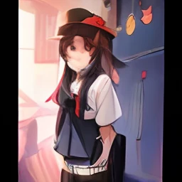 small details, ultra detailed, masterpiece, best quality, beautiful, detailed eyes,
1girl, (hu tao \(genshin impact\):1), choker, hat, red eyes, glowing eyes, medium breasts, earrings, school uniform, shaded face, round face, smile, 
school, standing, school buildings,