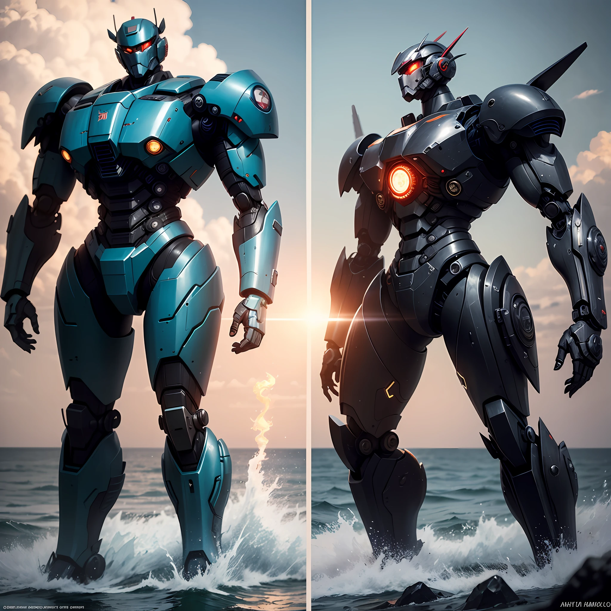 Pacific Rim Dangerous Wanderer Mech Left Battle Pacific Rim Alpha Mech，realisticlying，The left half of the body looks up，Black smoke，nigth，the sea，Anime mecha --auto