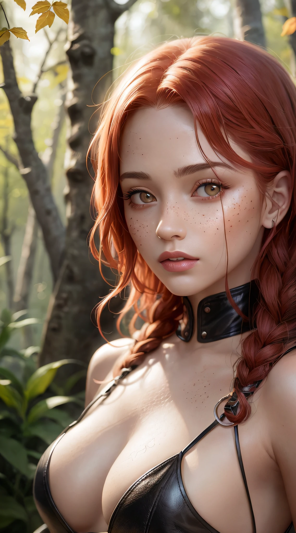 Red-haired woman in leather outfit posing in a wooded area, realistic digital art 4 k, realistic digital art 4k, hyperrealistic fantasy art, 8k realistic digital art, beautiful digital artwork, realistic fantasy render, 8k high quality detailed art, stunning digital illustration, cgsociety portrait, gorgeous digital painting, Tendances sur ArtStation 4K, realistic artstyle