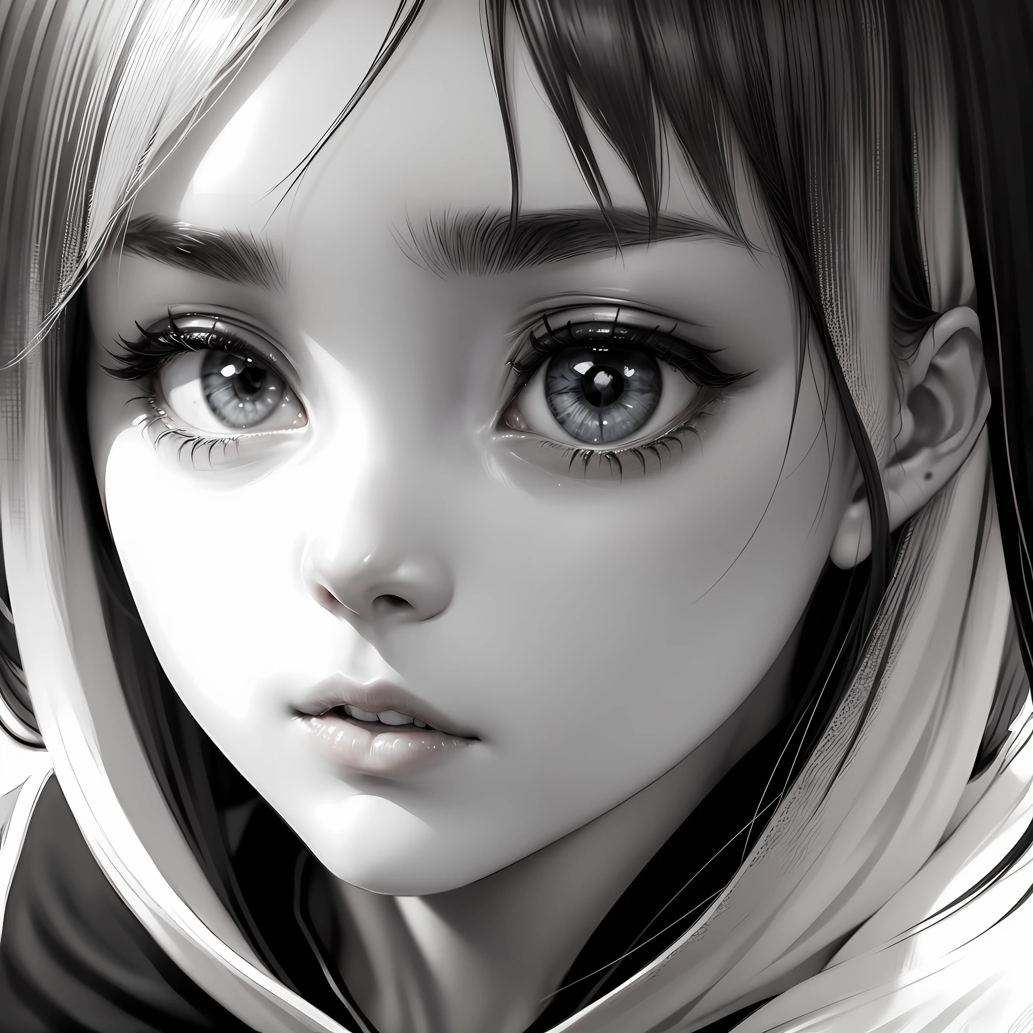 ((Best quality)), ((masterpiece)), ((realistic)), (1 girl: 1.5), The comic image of a girl with a (very enigmatic face:1.2), colorful manga style, ultra detailed, Nisio Isin, Krenz Cushart, sharp colors, hazy, close-up intensity, hurufiyya, monochromatic intensity, (black and white:1.3), eiichiro oda, clean face --auto