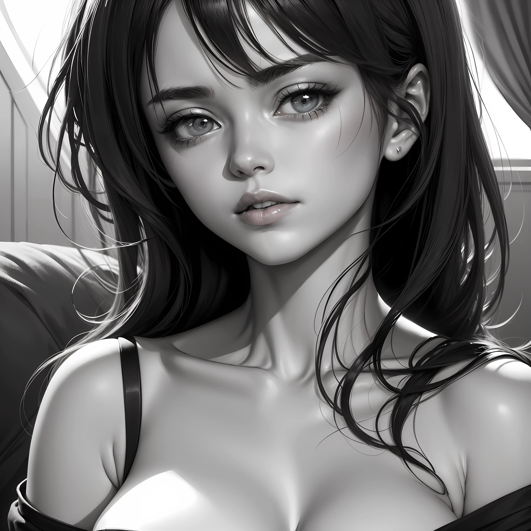((Best quality)), ((masterpiece)), ((realistic)), (1 girl: 1.5), The comic image of a girl with a (seductive face:1.2), colorful manga style, ultra detailed, Nisio Isin, Krenz Cushart, sharp colors, hazy, close-up intensity, hurufiyya, monochromatic intensity, (black and white:1.3), eiichiro oda, clean face, large breasts, neckline