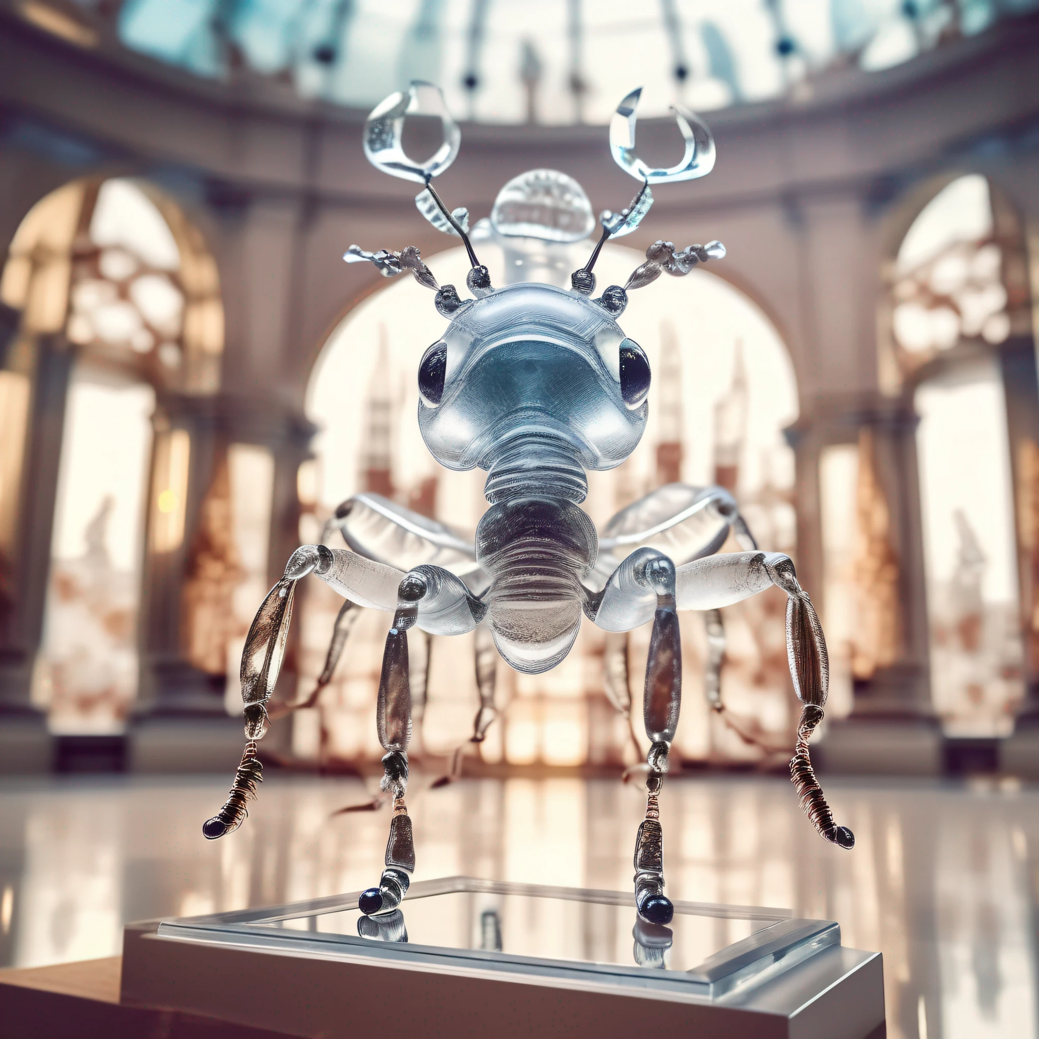 instagram photo, statue of an ant in transparent crystal, wide angle, hyper detailed, crystal eyes, studio photo, made of ornate transparent crystal, on an exhibition altar, museum background