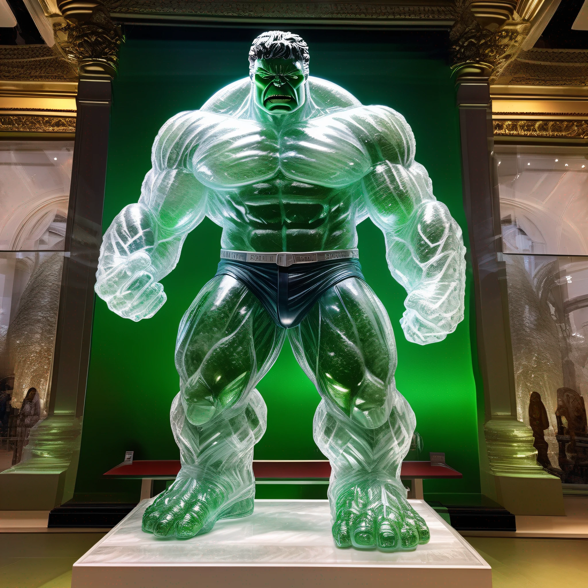 instagram photo, statue of the incredible hulk in transparent crystal, wide angle, hyper detailed, crystal eyes, studio photo, made of ornate transparent crystal, on an exhibition altar, museum background