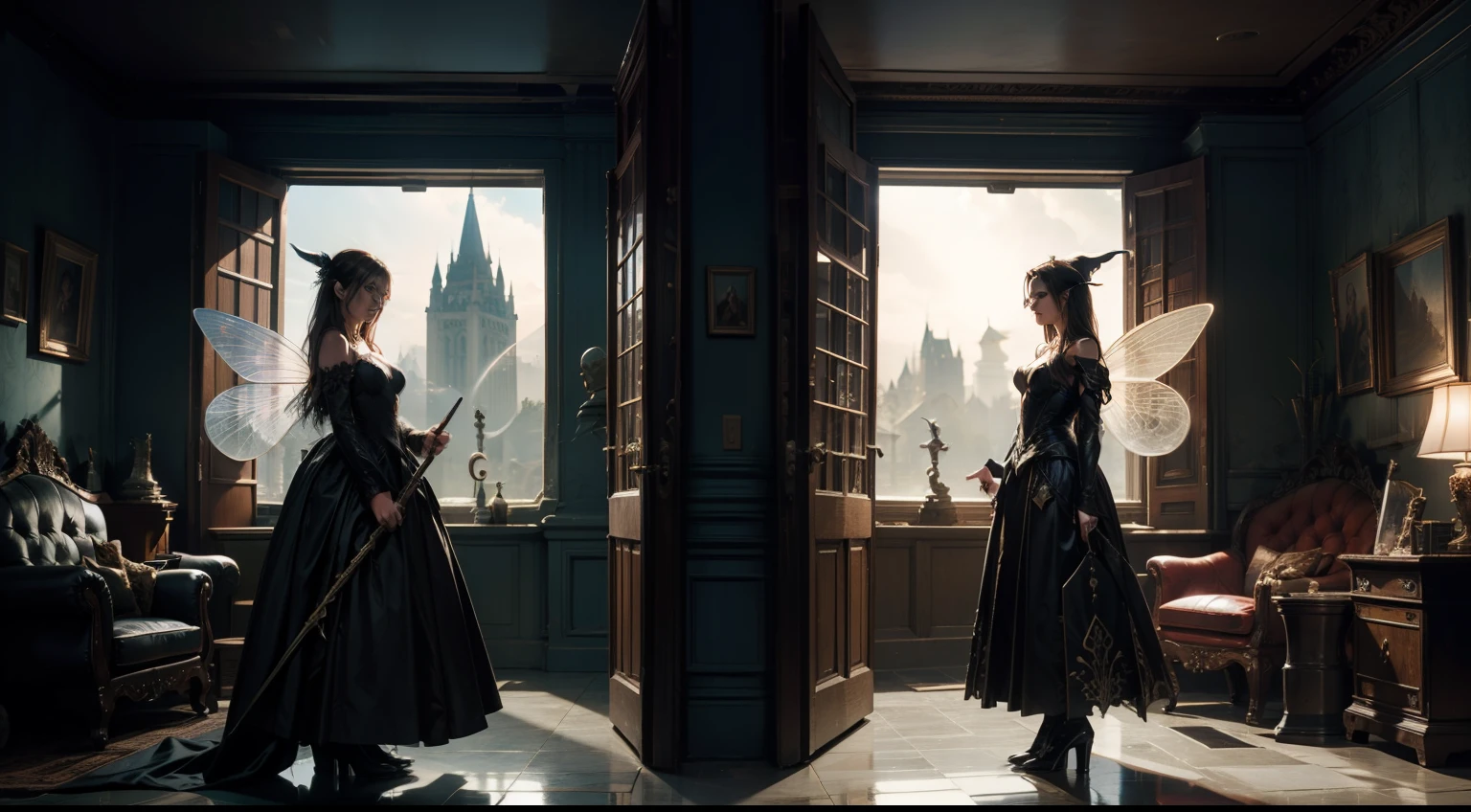 Diptych split panel image of good and evil witches from a fairy tale, split into two different worlds with different personalities. Awesome Diptych image, epic, 4K, unreal engine, cinematic lighting