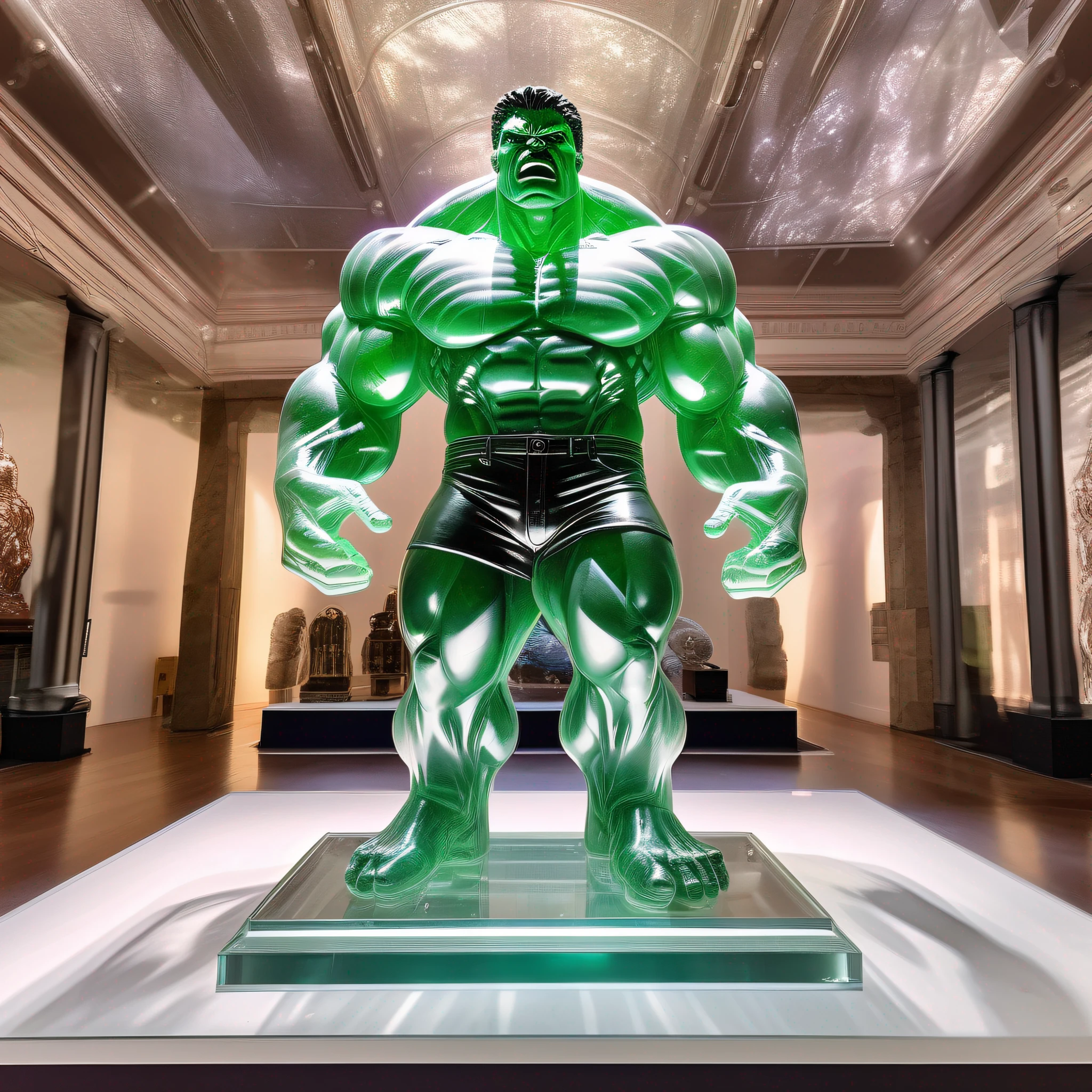 instagram photo, statue of the incredible hulk in transparent crystal, wide angle, hyper detailed, crystal eyes, studio photo, made of ornate transparent crystal, on an exhibition altar, museum background