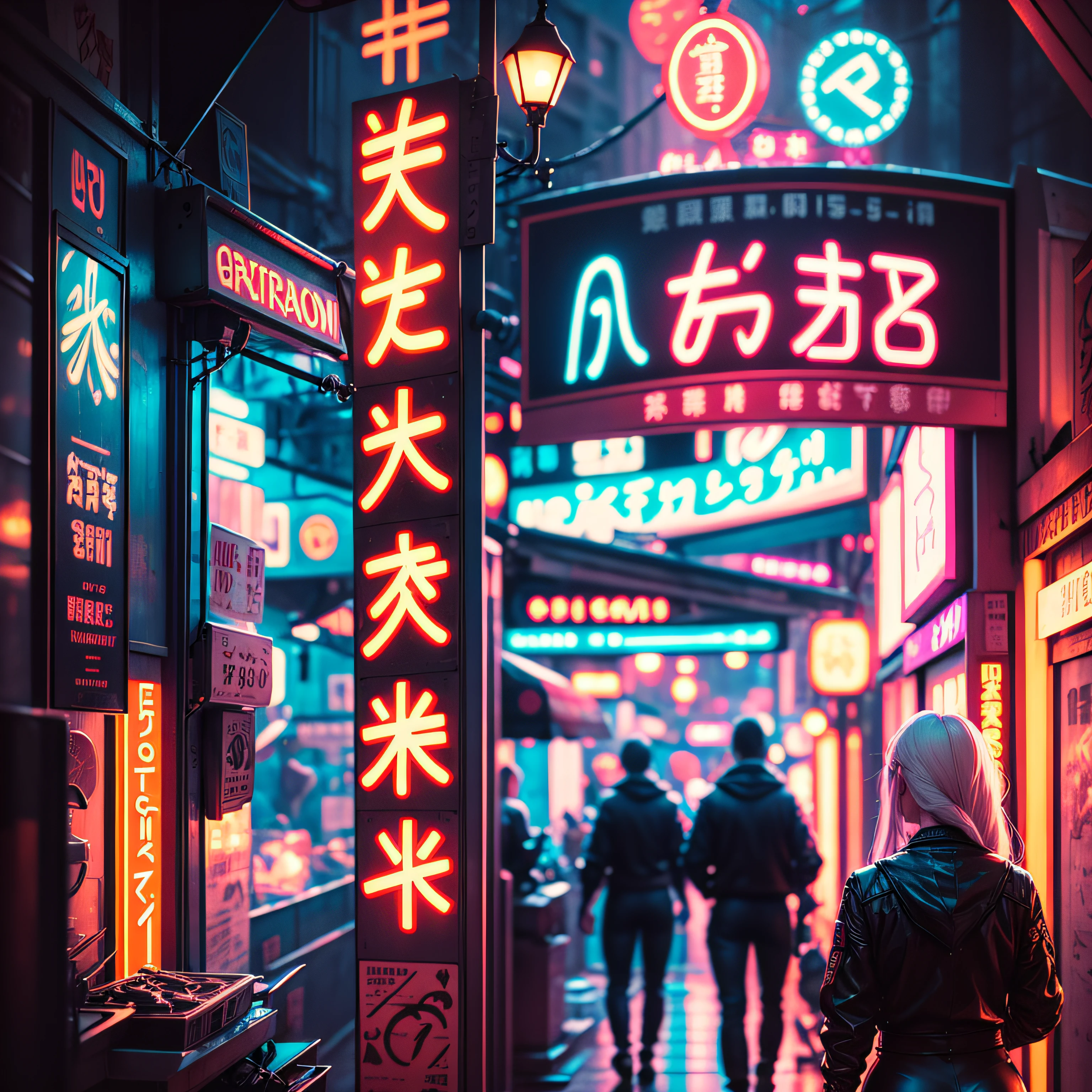 uma pessoa no centro de Uma paisagem urbana steam-cyberpunk densamente povoada com pessoas.com cores nos temas dark, horror e cores escuras - fazendo contraste com contornos de vermelho neon --auto