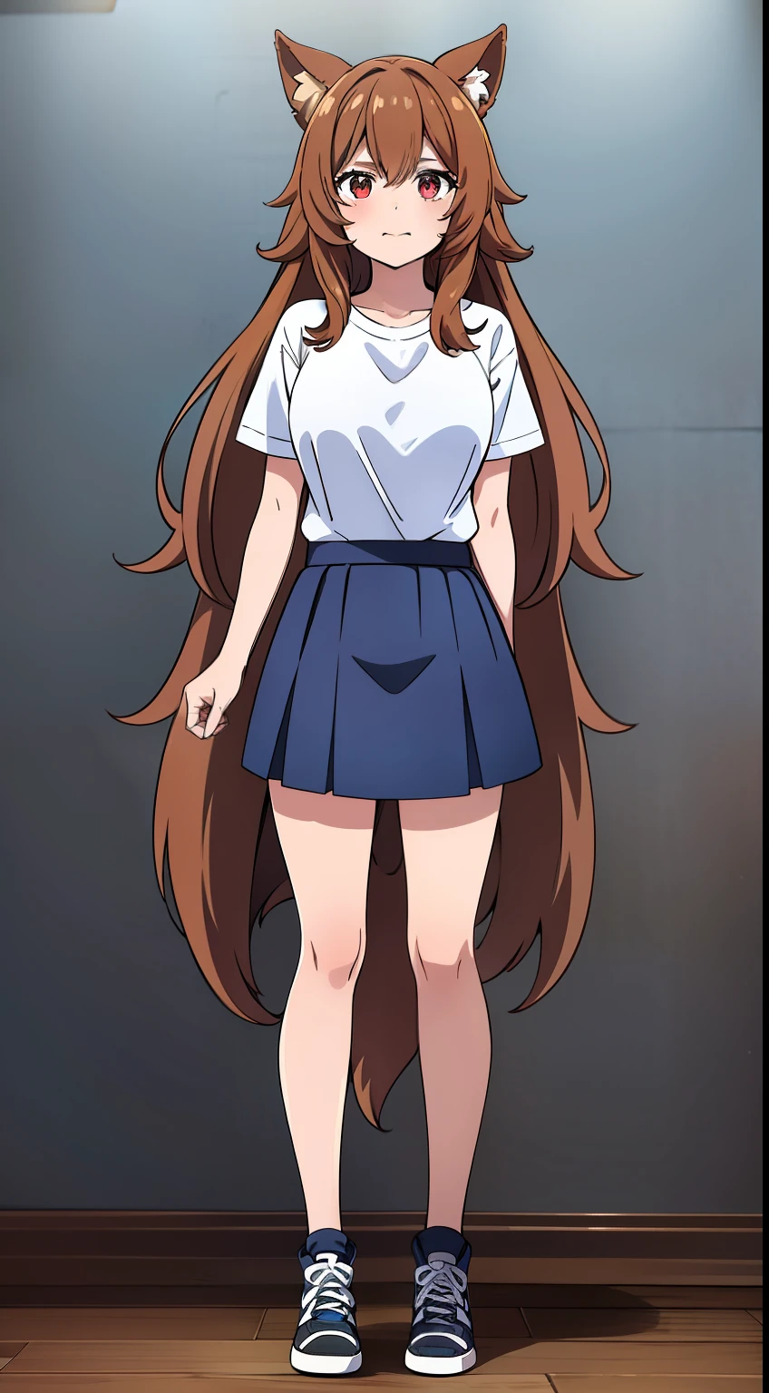 raphtalia, Brown-haired, ojos rojos, white t-shirt, blue skirt, full body,