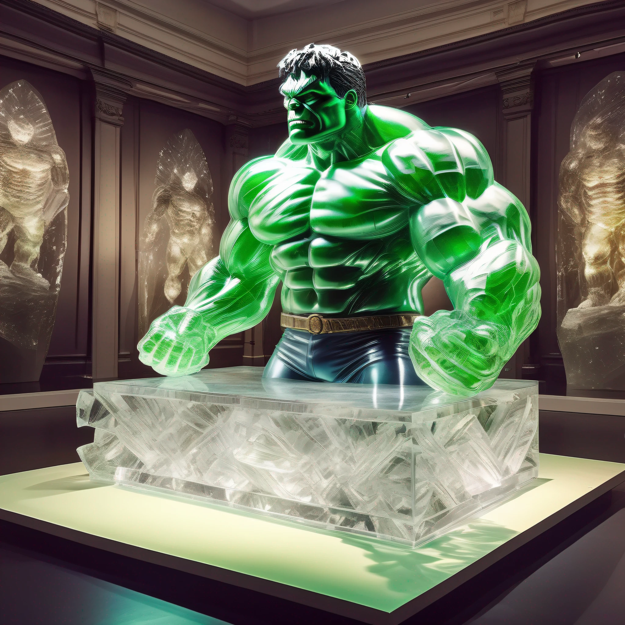 instagram photo, statue of the incredible hulk in transparent crystal, wide angle, hyper detailed, crystal eyes, studio photo, made of ornate transparent crystal, on an exhibition altar, museum background
