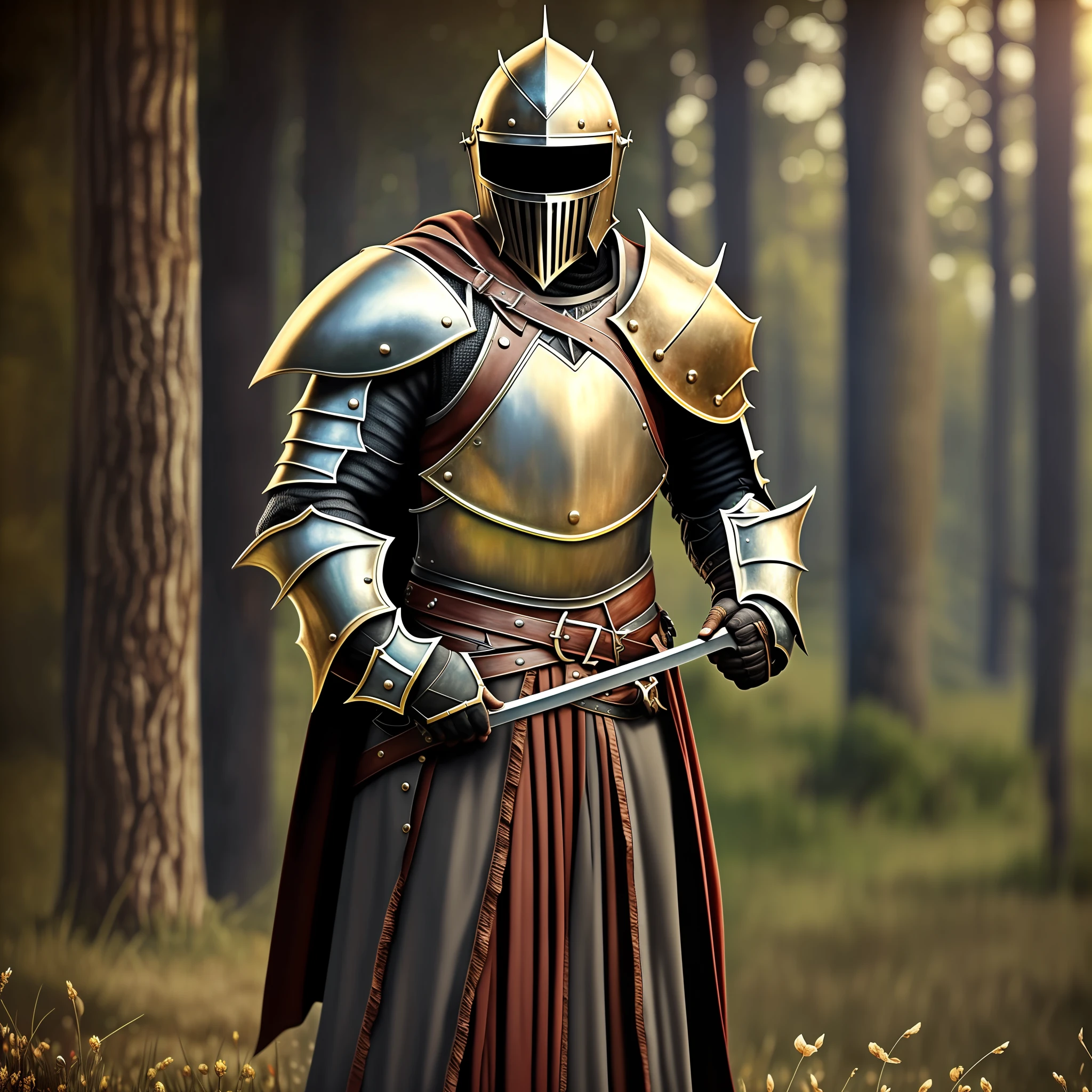 Male knight, solo, standing with a greatsword in the field, big greatsword, single, closed helmet, dark armor made from black metal, no patterns, no armor patterns, no cape, gothic armor, gothic style armor, ultra high resolution, realistic, realism, photo, old photo style, sepia philter, hyper-detailed, raw photo, best quality, ultra high res, photo realistic, photo realism, 8k HD, detailed, 19 century photo style