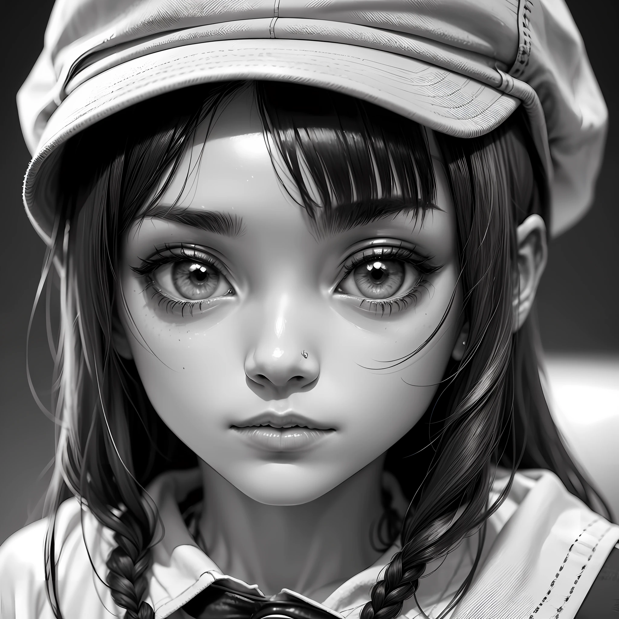 ((melhor qualidade)), ((obra-prima)), ((realista)), (1 menina: 1.5), The comic image of a military girl in a cap with a (rosto sedutor:1.2), colorful manga style, Ultra Detalhado, Nisio Isin, Krenz Cushart, Crisp colors, nebuloso, intensidade de close-up, Hurufiyya, monochrome intensity, (Preto e branco:1.3), Eiichiro Oda, rosto limpo, seios grandes, decote