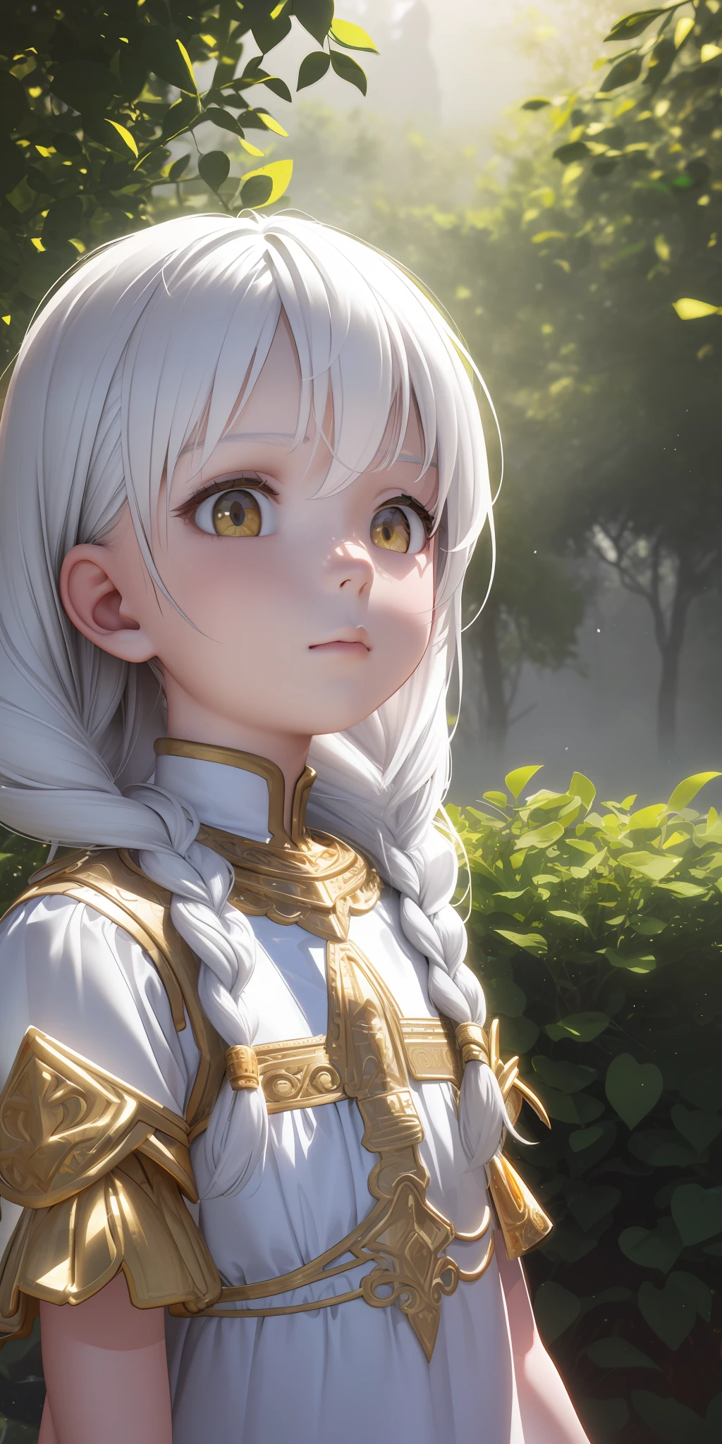 Beautiful and detailed picture of , (best quality, insanely detailed illustration:1.2), masterpiece, (((child, kid, very young, prepubescent))), epic realistic, hyperdetailed, intricate details, (hdr:1.25), (intricate details:1.14), (hyperrealistic 3d render:1.16), (filmic:0.55), with (white hair:1.3) and (gold eyes:1.2), wearing (white clothes) while (looking up) and showing off (upper body) with (side braids:1.1), as (fair skin) glistens lightly, highlighting every (hair strand), in (soft light) and (mist), as the scene shimmers into view).