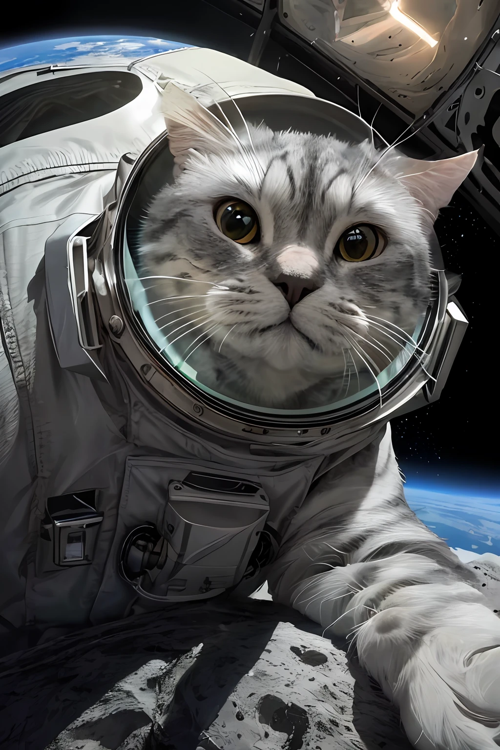 ((best quality)),((masterpiece)),(detailed),(realistic:1.4),ultra high res,Highly detailed,(raw photo:1.2),(photorealistic:1.4),Exceptional detail,dramatic lighting,highres,8k,absurdres,1cat,meloncat,((space helmet)),astronaut,flying cat,universe,aliens,alien space ship,spaceship light on cat,hand POV,earth,animal focus,animal,no humans,realistic,looking at viewer,