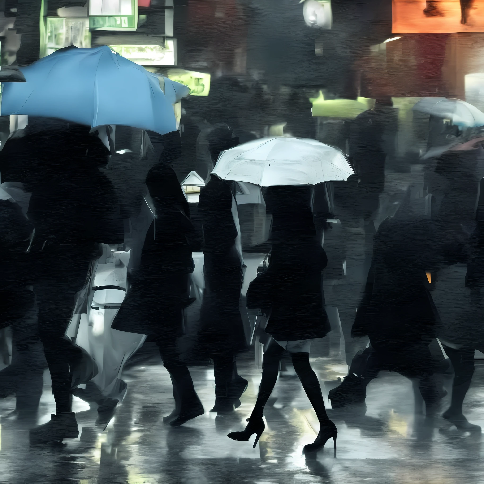 Crowd of many people walking in the rain with umbrellas on a street of a city, Tokyo scene, cidade chuvosa, sombrio. noite chuvosa, cena chuvosa, sob chuva