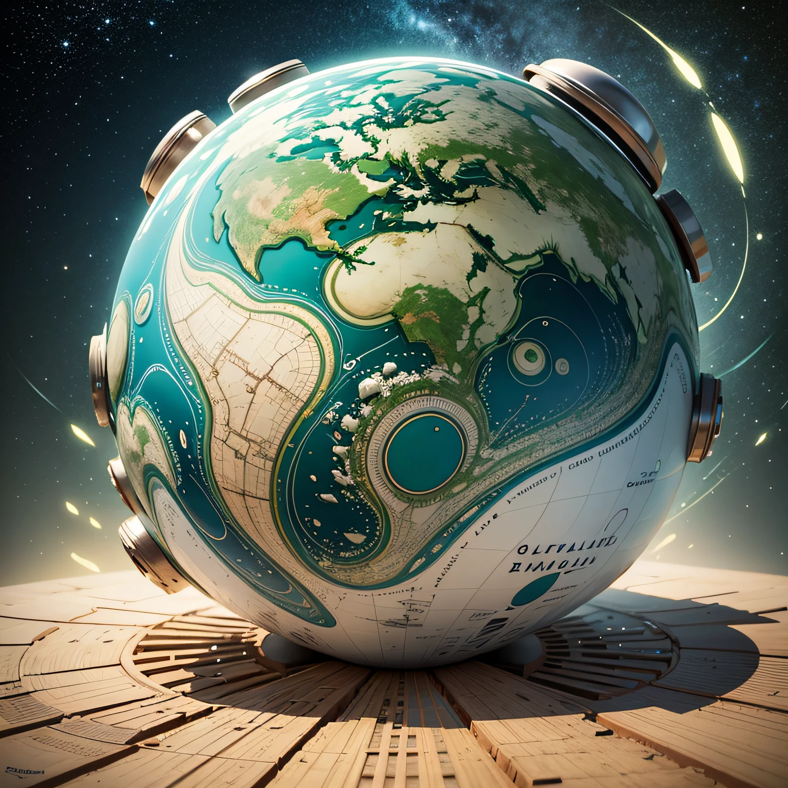 Imagem mesclando mapa mundial futurista com globo antigo