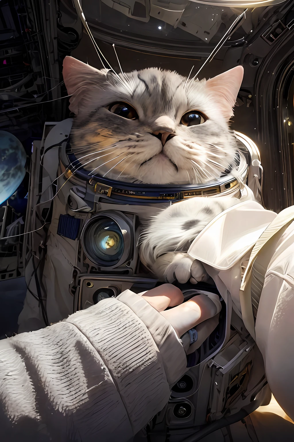 ((best quality)),((masterpiece)),(detailed),(realistic:1.4),ultra high res,Highly detailed,(raw photo:1.2),(photorealistic:1.4),Exceptional detail,dramatic lighting,highres,8k,absurdres,1cat,meloncat,((space helmet)),astronaut,flying cat,universe,aliens,alien space ship,spaceship light on cat,hand POV,earth,animal focus,animal,no humans,realistic,looking at viewer,