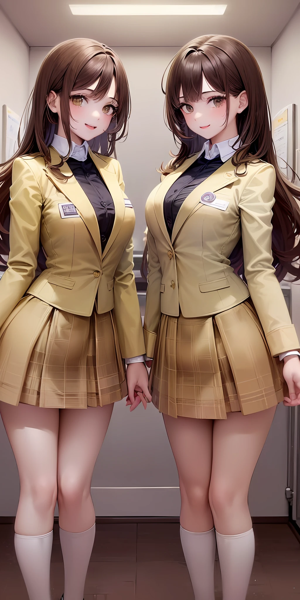 ((Masterpiece, highres)), 2girls, duo, twins, ((one brown haired girl, one blonde girl)), long hair, curly hair, matching hairstyles, different hair color, confident, elegant, proud smiles, (((matching outfits, identical outfits, yellow school uniforms, sexy school uniforms, yellow blazer, yellow short skirt, white stockings, black high heels)))